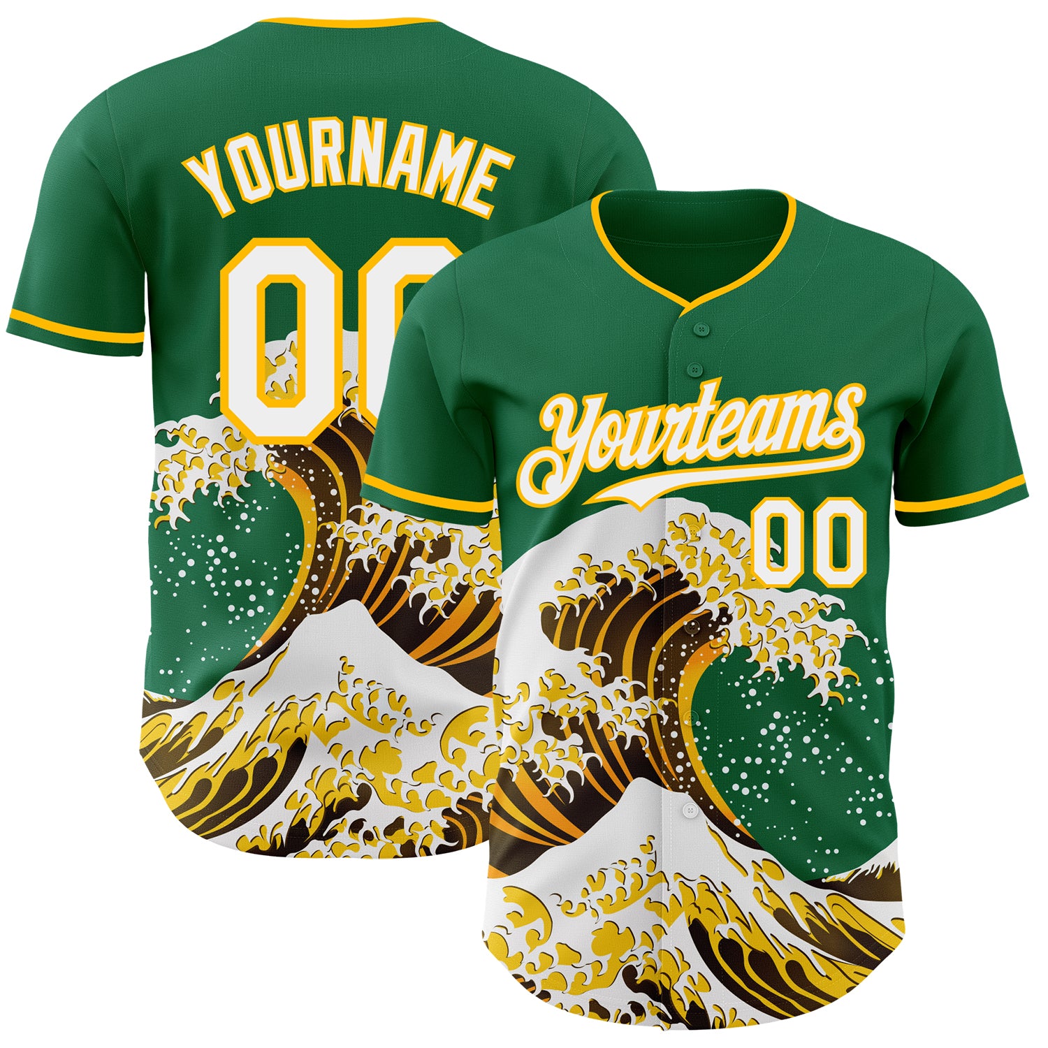 Custom Kelly Green White-Gold Japanese Wave 3D Pattern Design Authentic Baseball Jersey