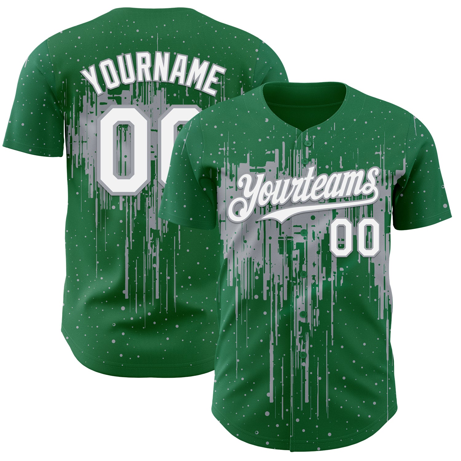 Custom Kelly Green White-Gray 3D Pattern Design Dripping Splatter Paint Authentic Baseball Jersey