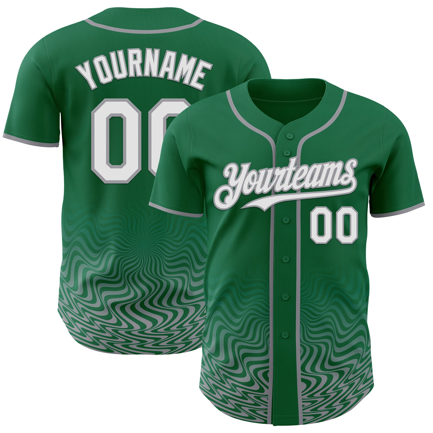 Custom Kelly Green White-Gray Fluid Wave Psychedelic Swirl Authentic Baseball Jersey