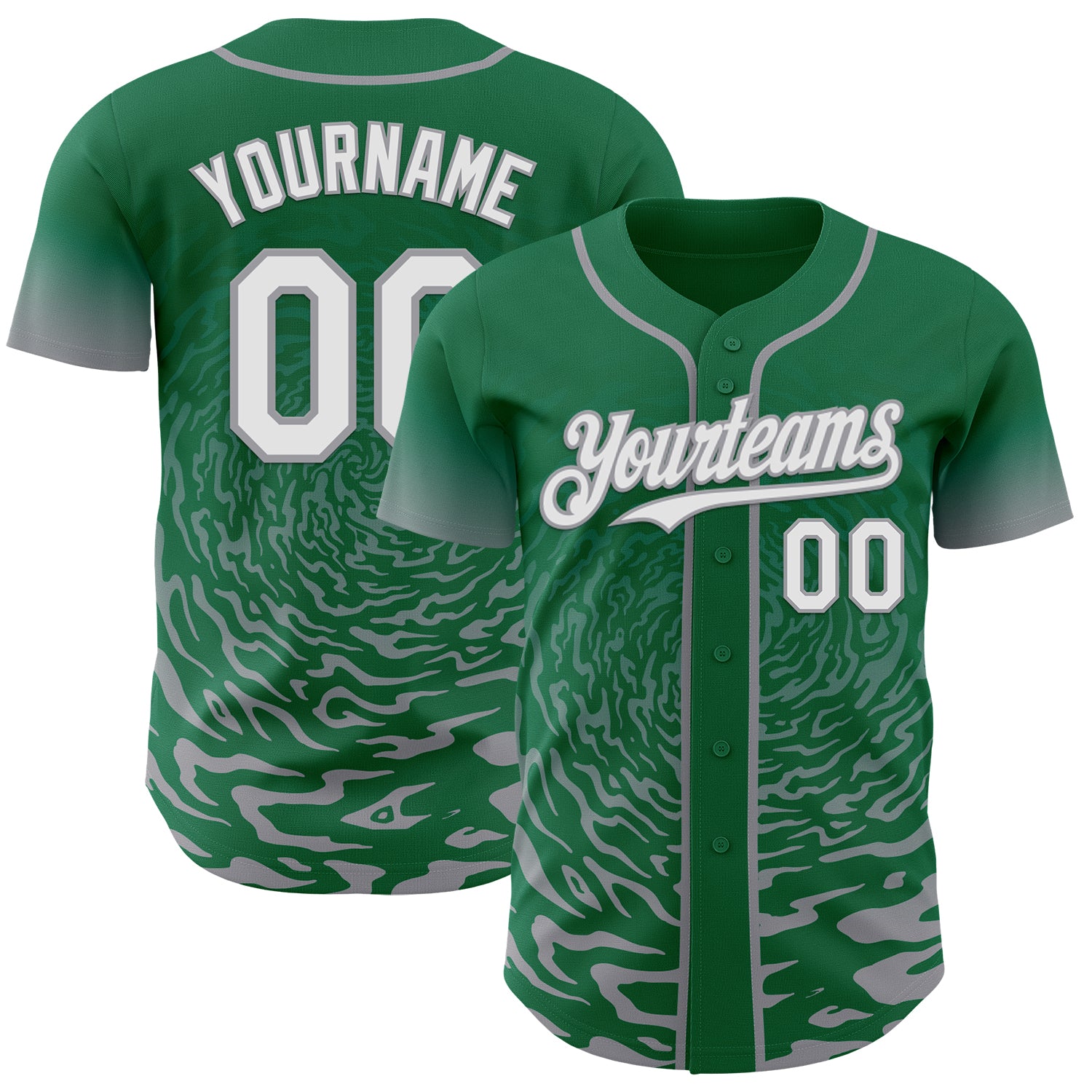 Custom Kelly Green White-Gray Fluid Wave Splatter Gradient Authentic Baseball Jersey