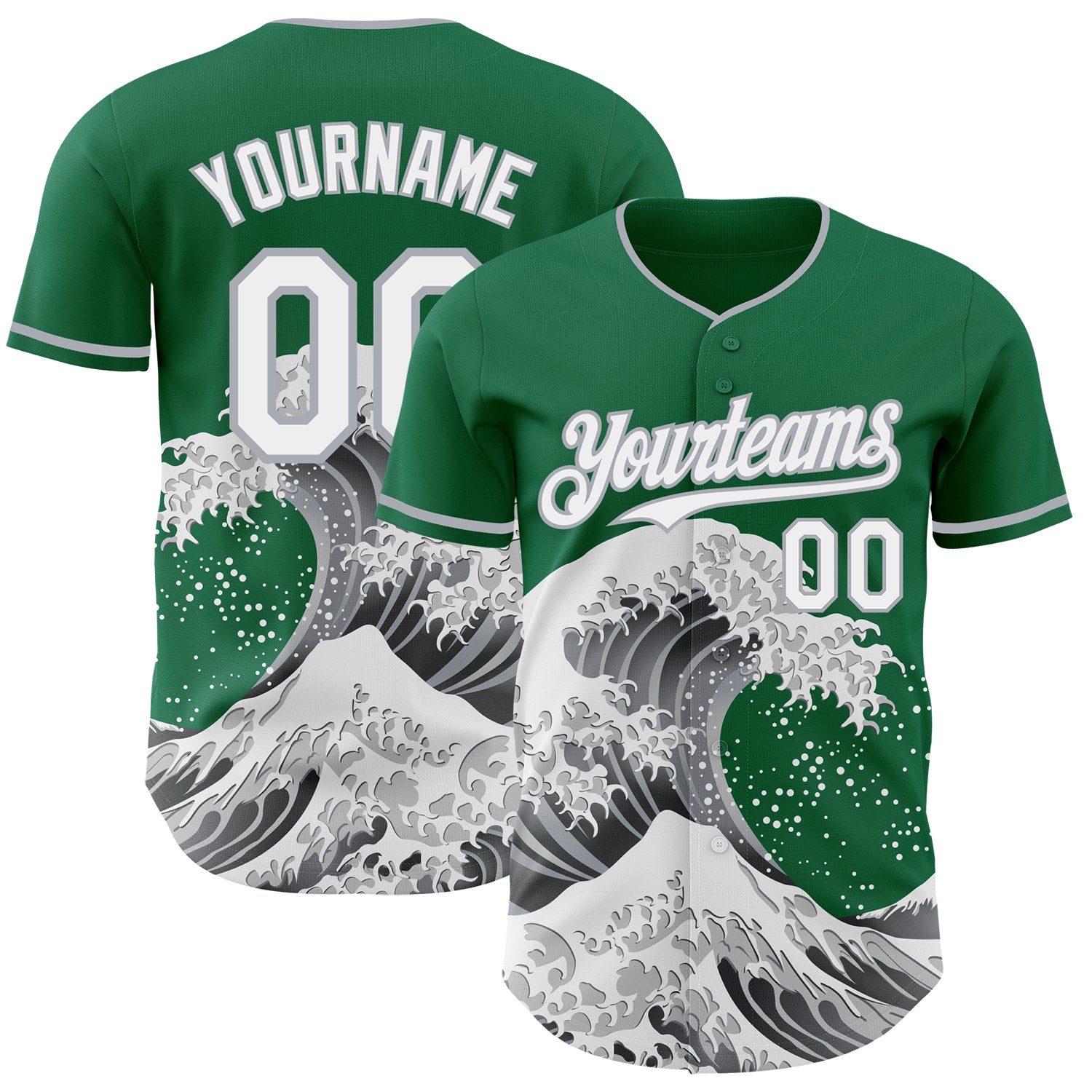 Custom Kelly Green White-Gray Japanese Wave 3D Pattern Design Authentic Baseball Jersey
