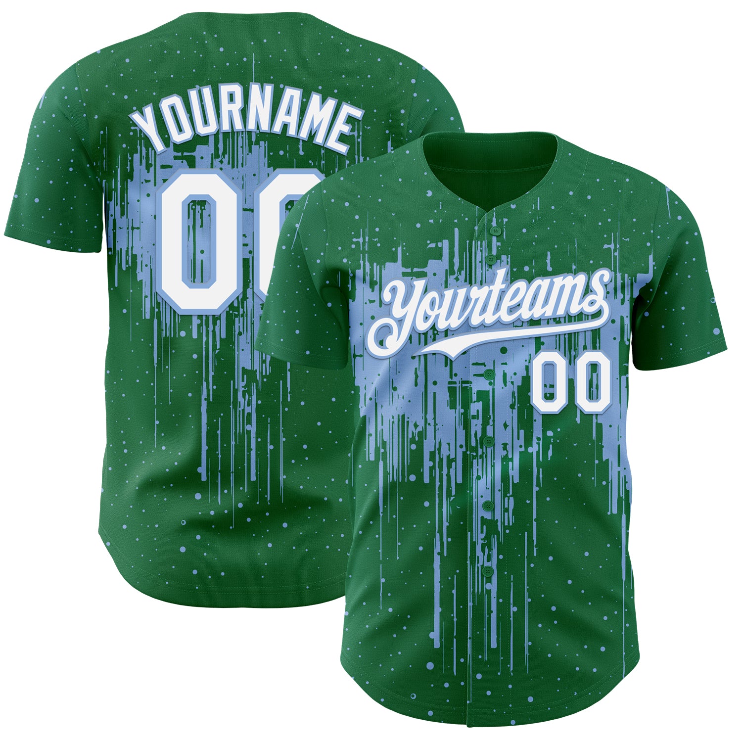Custom Kelly Green White-Light Blue 3D Pattern Design Dripping Splatter Paint Authentic Baseball Jersey