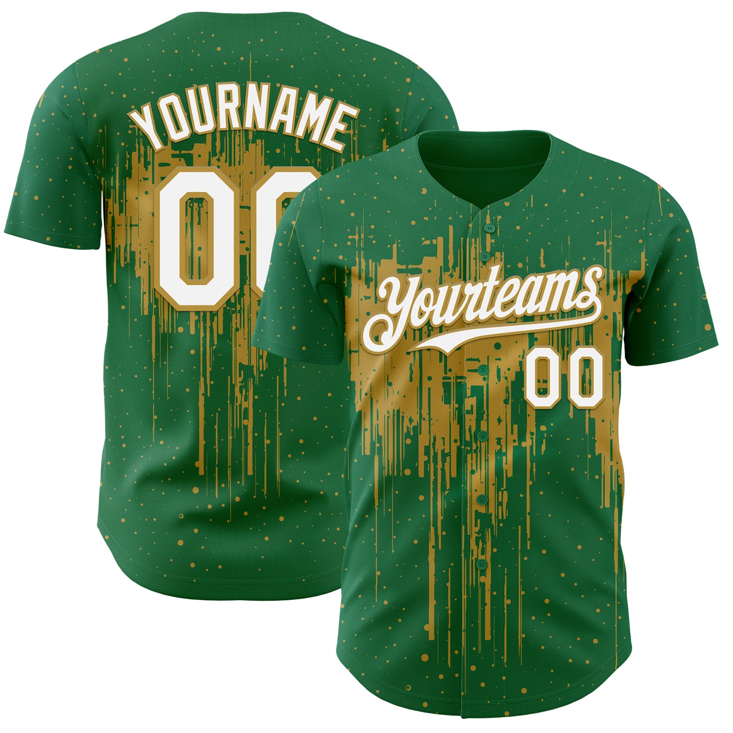 Custom Kelly Green White-Old Gold 3D Pattern Design Dripping Splatter Paint Authentic Baseball Jersey