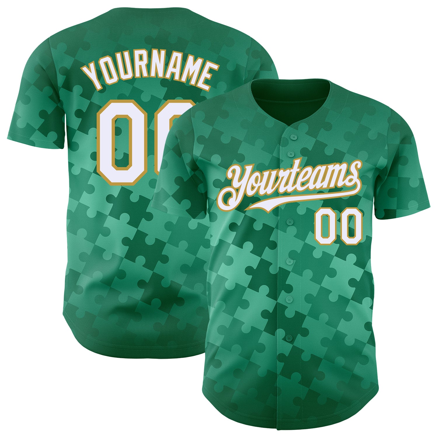 Custom Kelly Green White-Old Gold Puzzle 3D Pattern Design Authentic Baseball Jersey