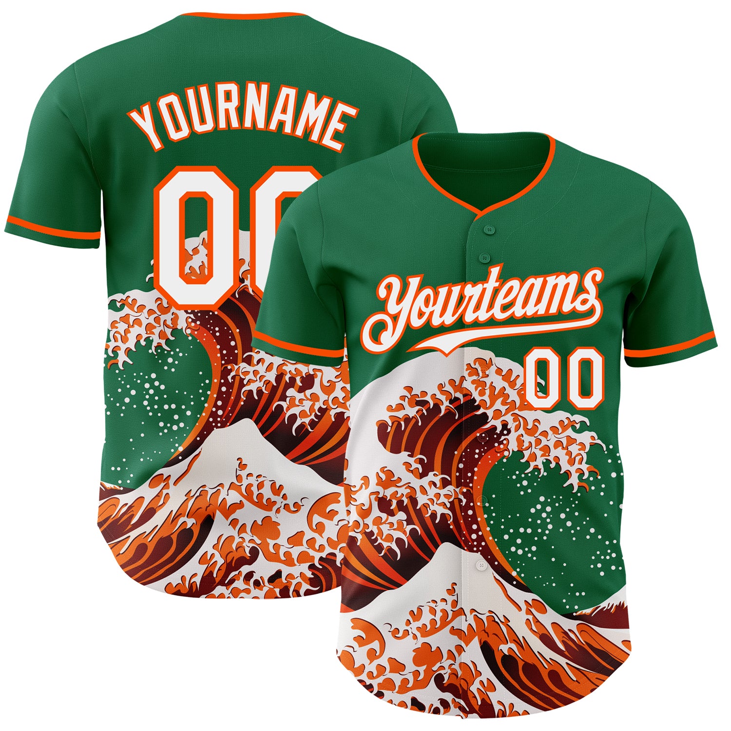 Custom Kelly Green White-Orange Japanese Wave 3D Pattern Design Authentic Baseball Jersey