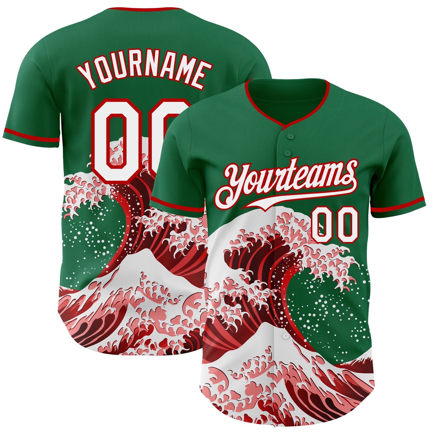 Custom Kelly Green White-Red Japanese Wave 3D Pattern Design Authentic Baseball Jersey
