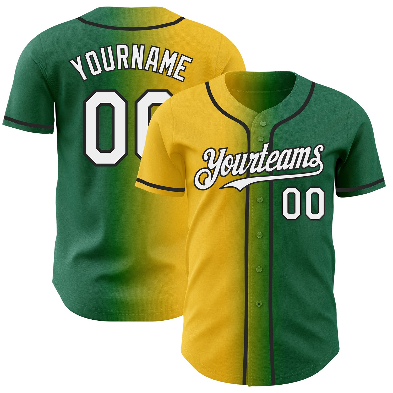 Custom Kelly Green White Yellow-Black Authentic Gradient Fashion Baseball Jersey