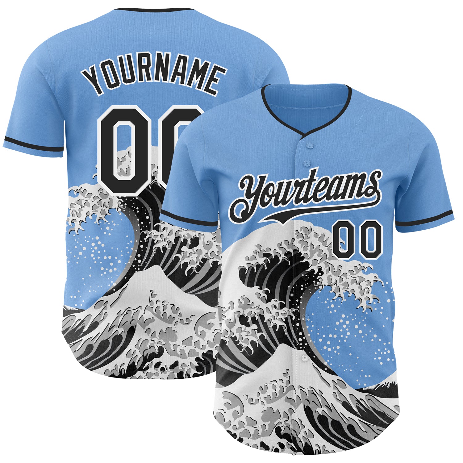 Custom Light Blue Black-White Japanese Wave 3D Pattern Design Authentic Baseball Jersey