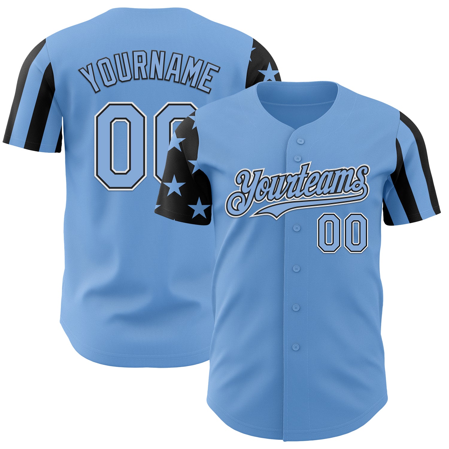 Custom Light Blue Black-White Two Tone USA Flag Sleeves Stars and Stripes Authentic Baseball Jersey