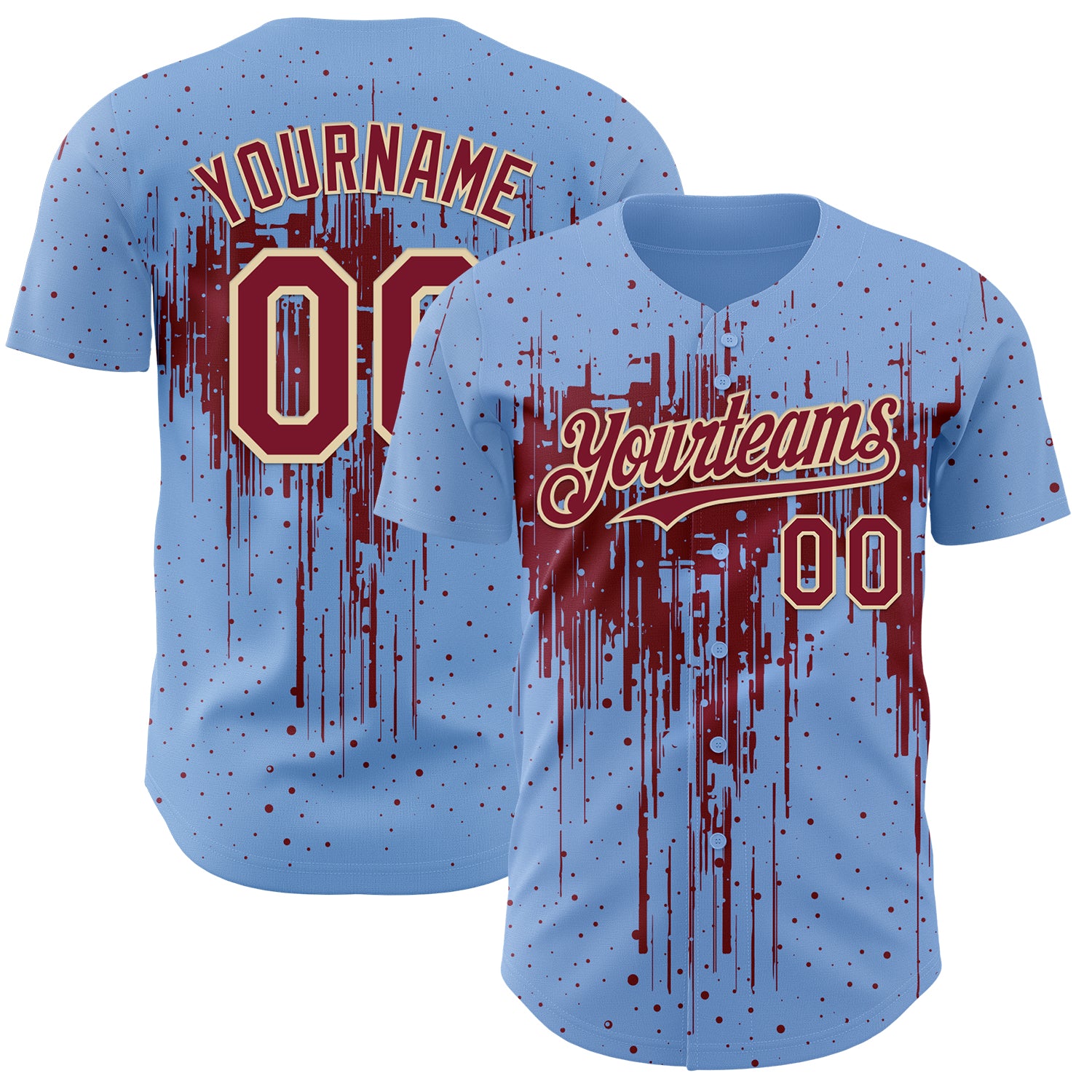Custom Light Blue Crimson-Cream 3D Pattern Design Dripping Splatter Paint Authentic Baseball Jersey