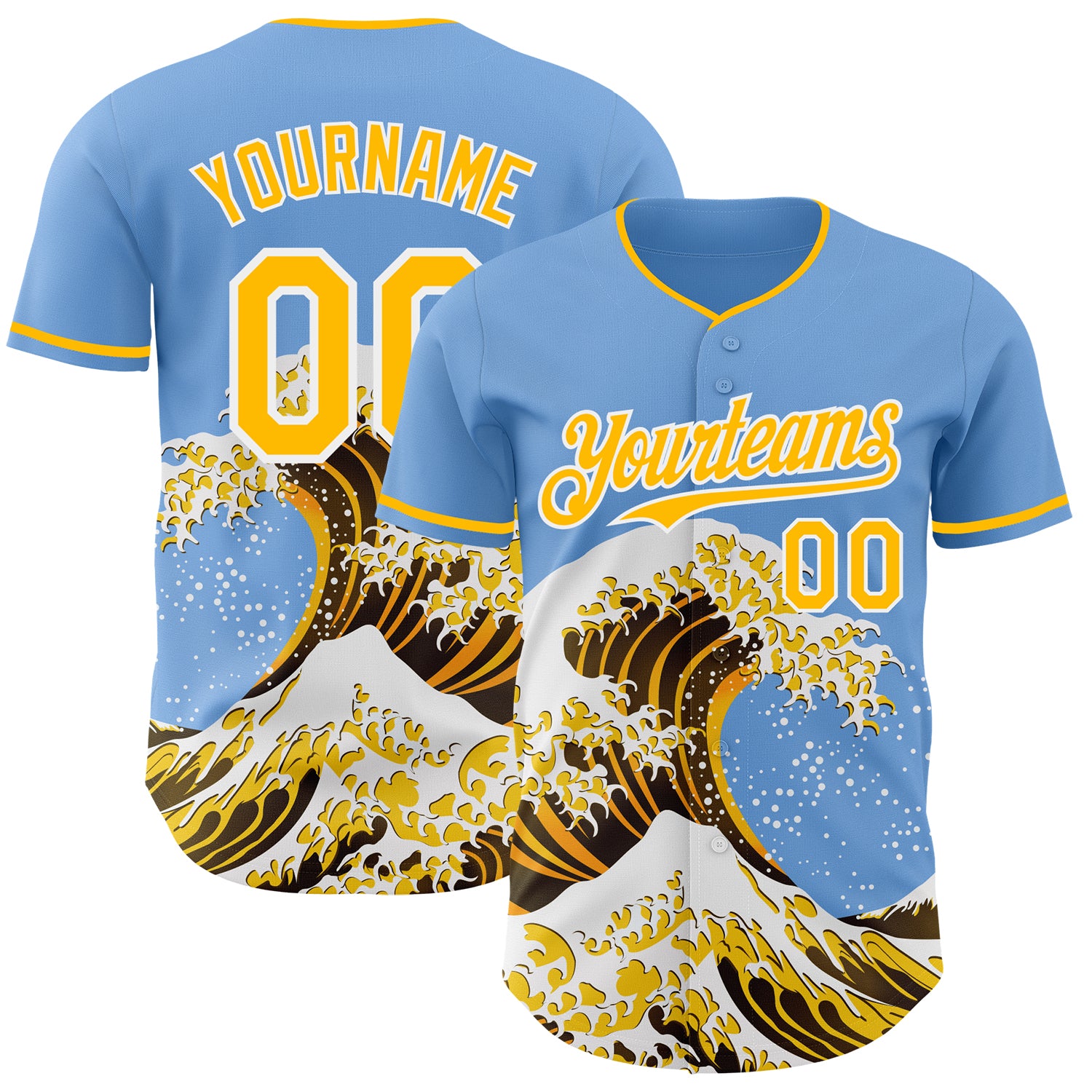 Custom Light Blue Gold-White Japanese Wave 3D Pattern Design Authentic Baseball Jersey