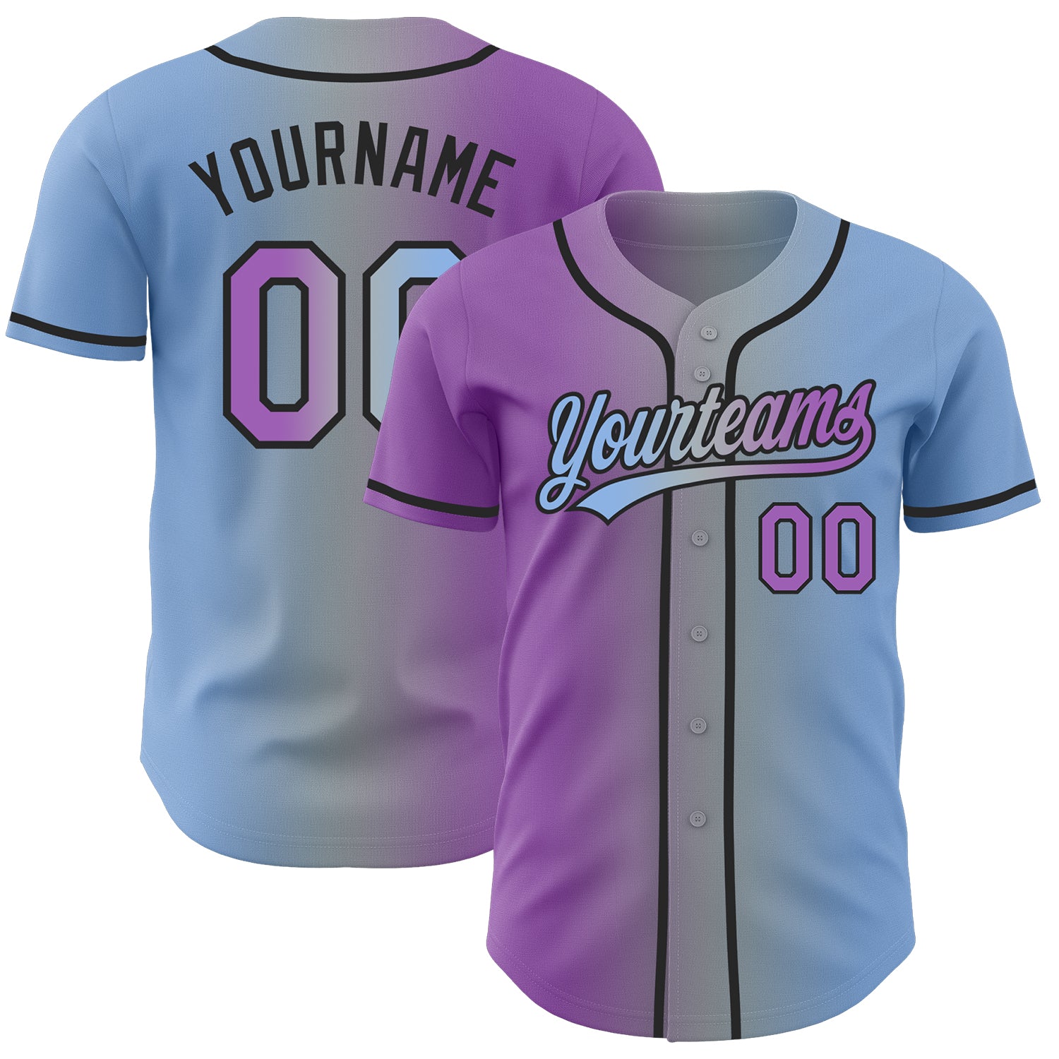Custom Light Blue Medium Purple Gray-Black Authentic Gradient Fashion Baseball Jersey