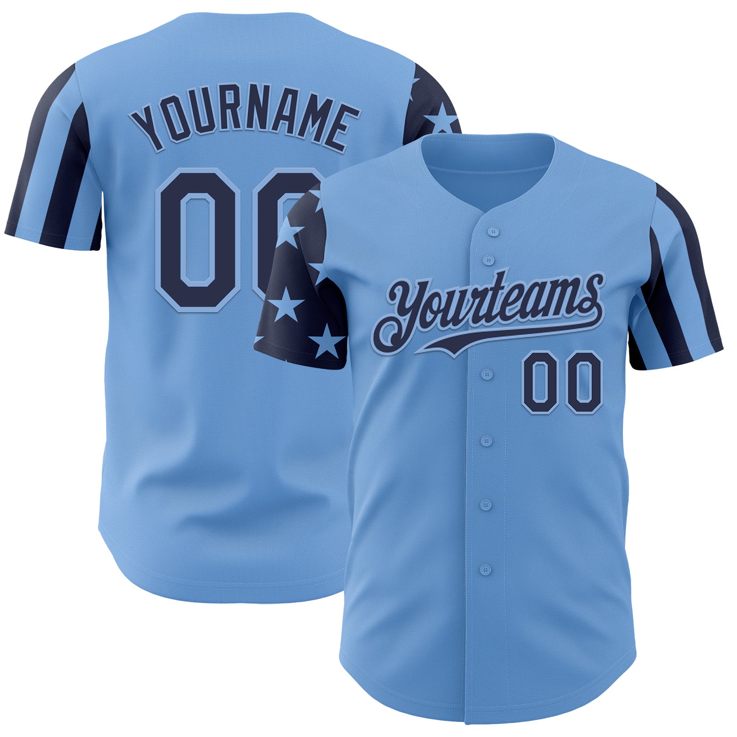 Custom Light Blue-Navy Two Tone USA Flag Sleeves Stars and Stripes Authentic Baseball Jersey