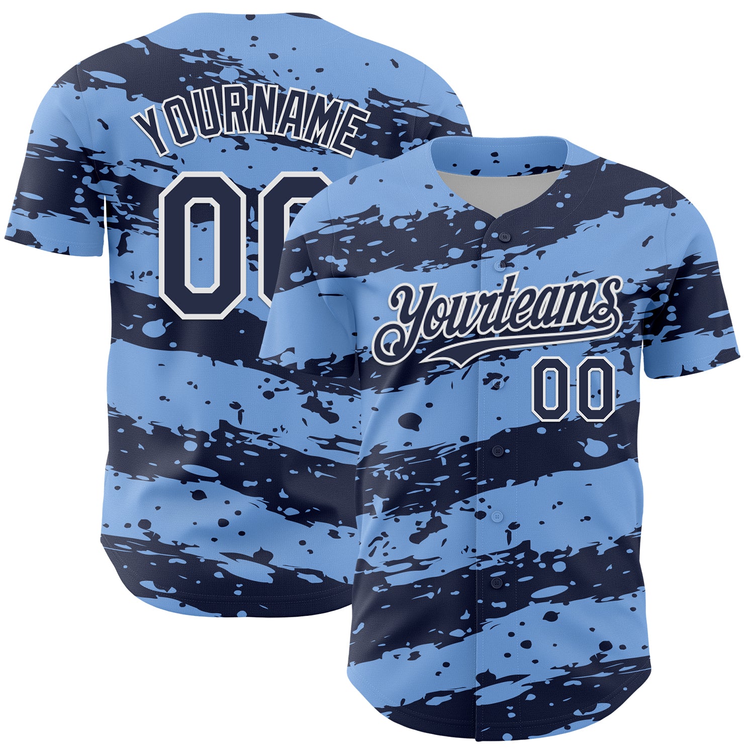 Custom Light Blue Navy-White 3D Pattern Design Paint Splash Stripe Authentic Baseball Jersey