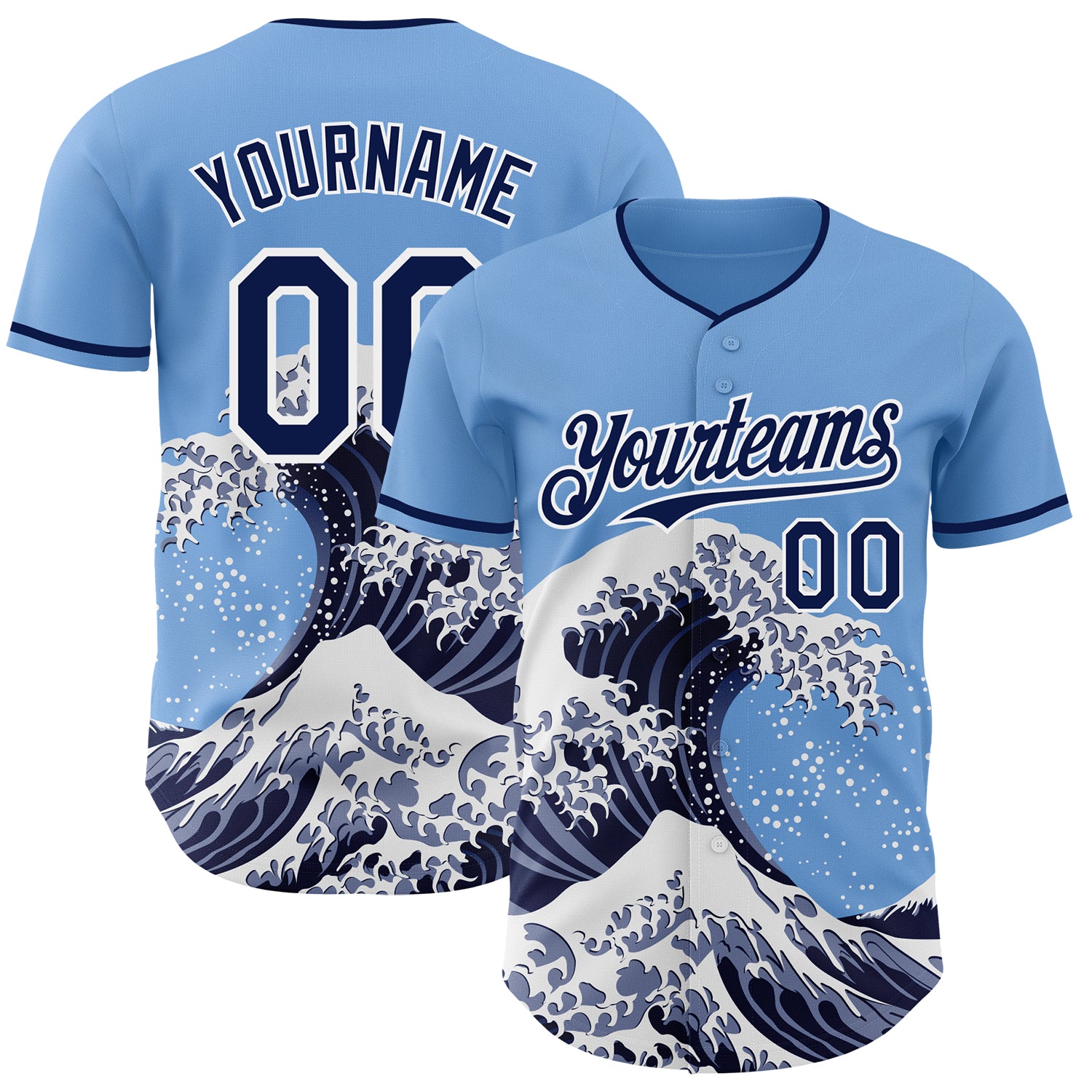 Custom Light Blue Navy-White Japanese Wave 3D Pattern Design Authentic Baseball Jersey