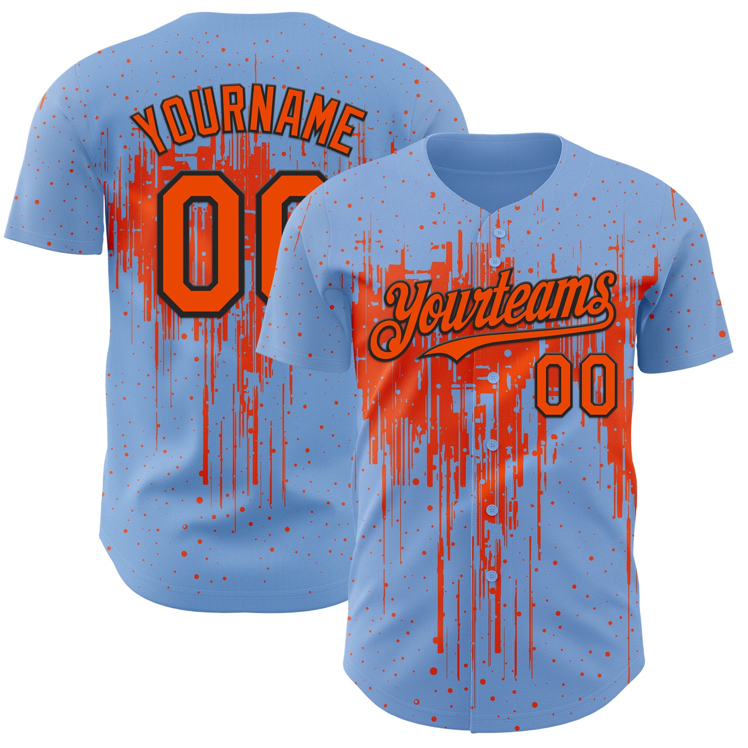 Custom Light Blue Orange-Black 3D Pattern Design Dripping Splatter Paint Authentic Baseball Jersey