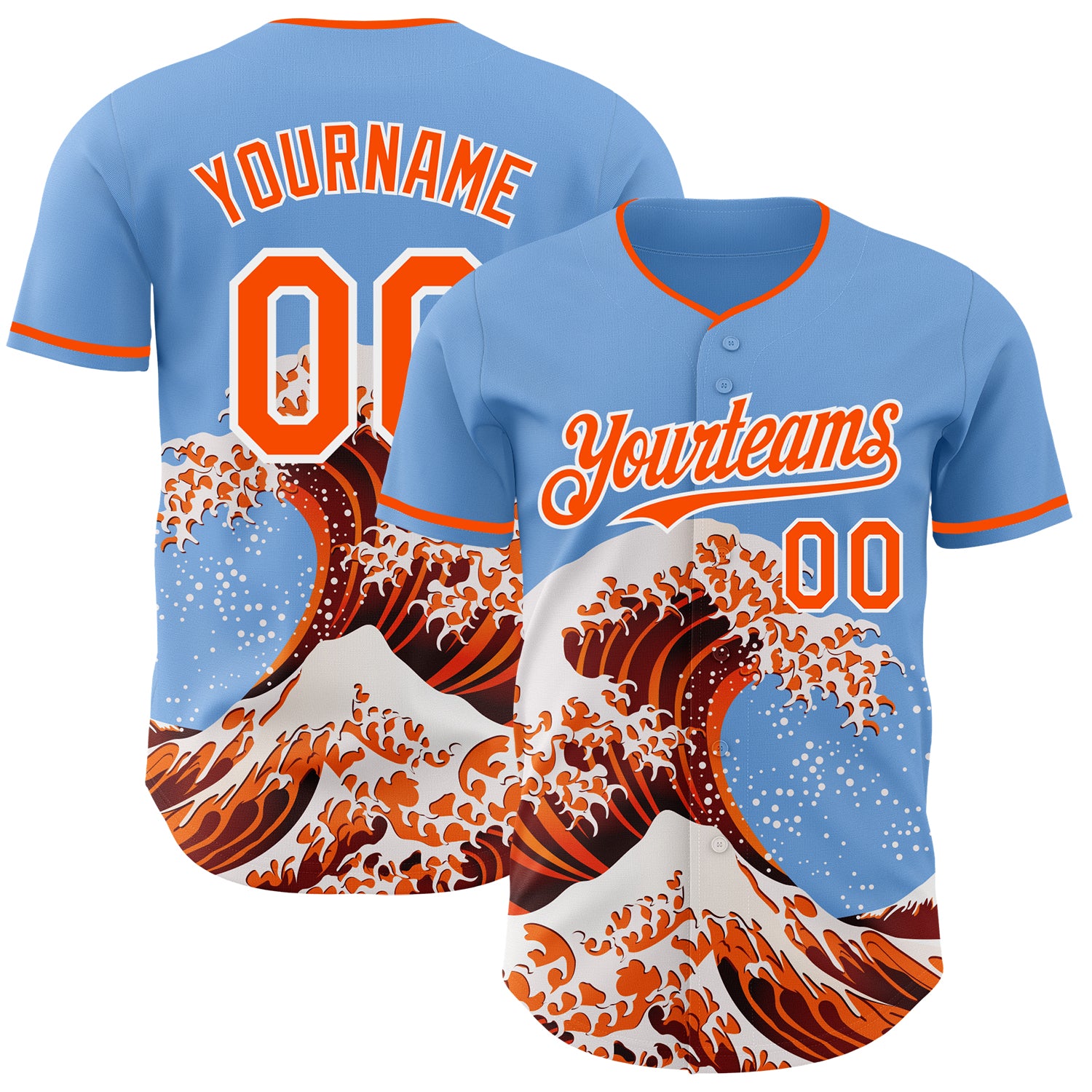 Custom Light Blue Orange-White Japanese Wave 3D Pattern Design Authentic Baseball Jersey