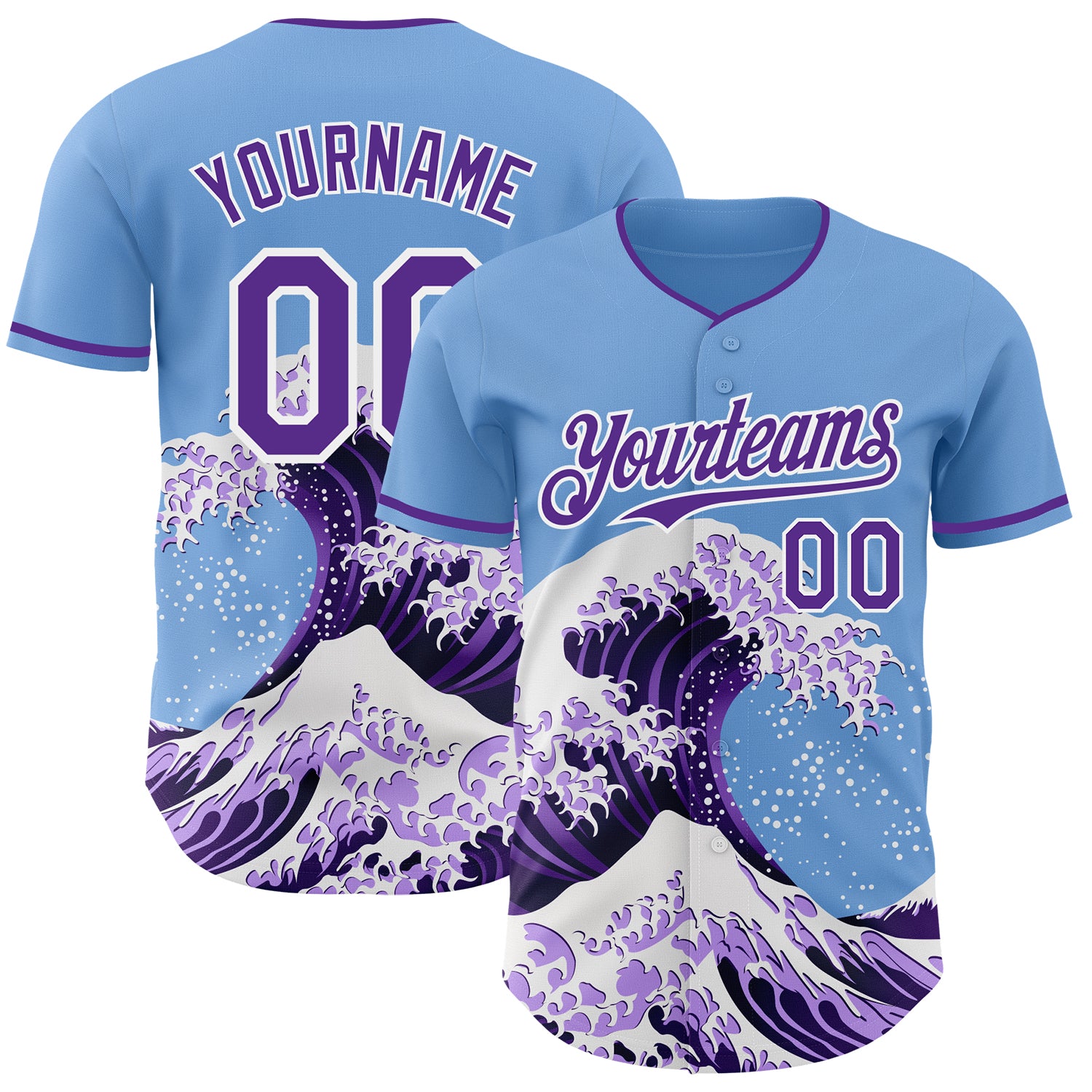 Custom Light Blue Purple-White Japanese Wave 3D Pattern Design Authentic Baseball Jersey