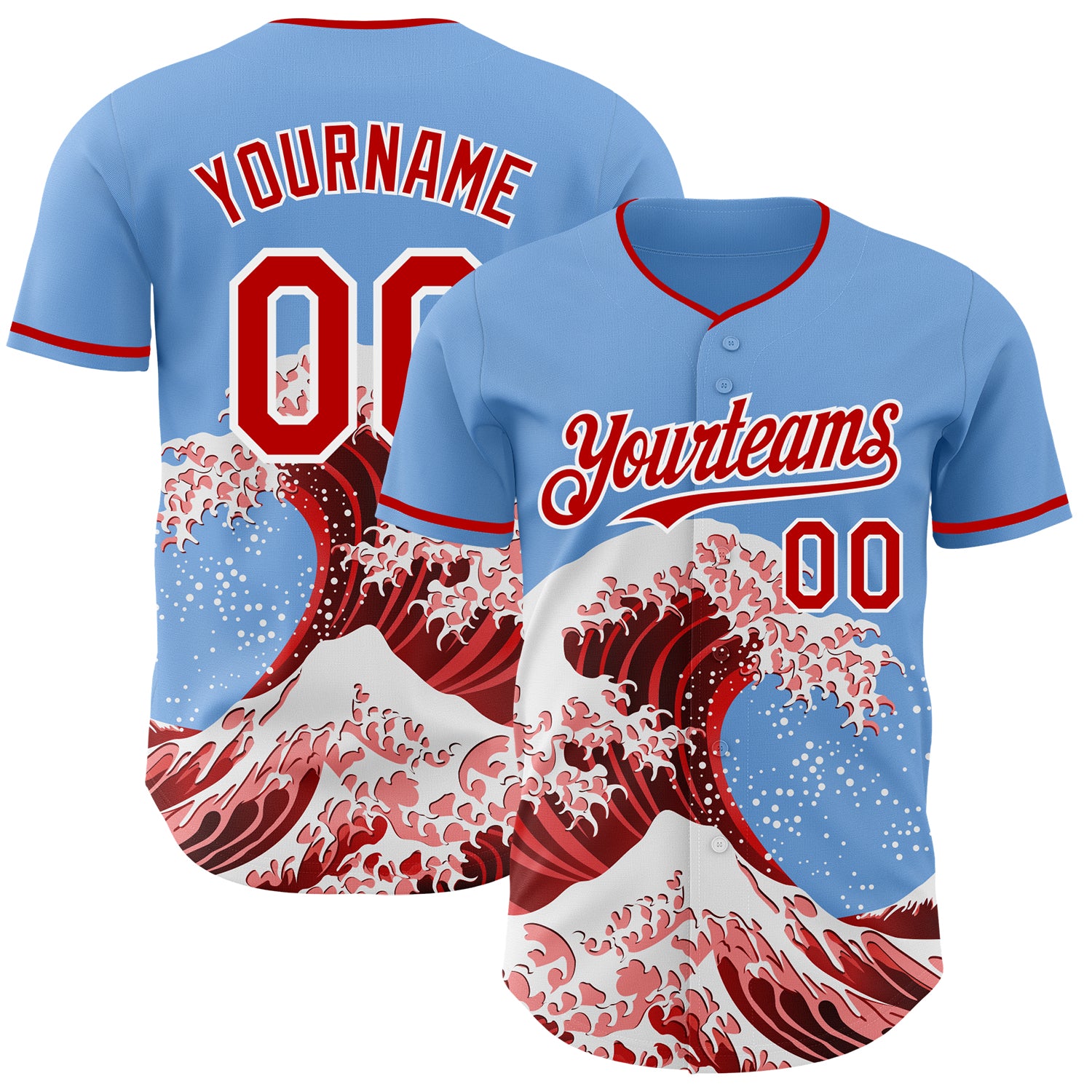 Custom Light Blue Red-White Japanese Wave 3D Pattern Design Authentic Baseball Jersey