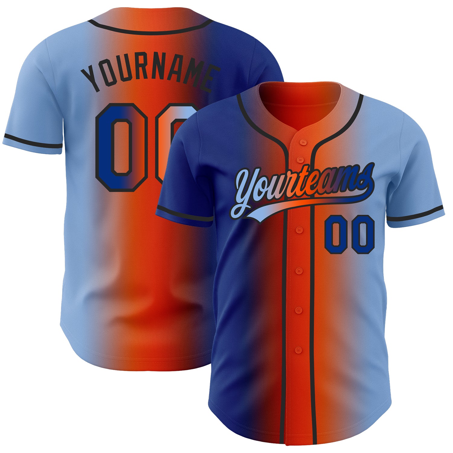 Custom Light Blue Royal Orange-Black Authentic Gradient Fashion Baseball Jersey