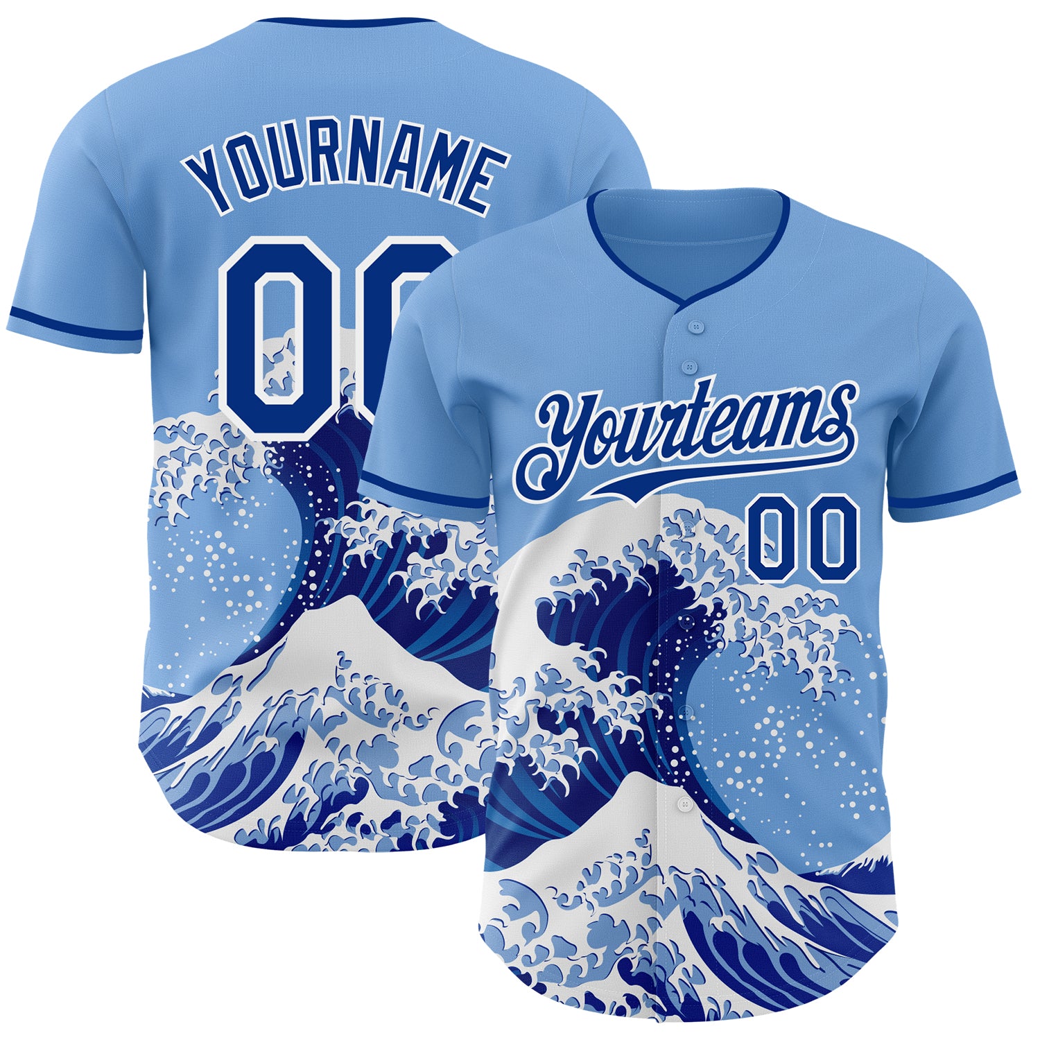Custom Light Blue Royal-White Japanese Wave 3D Pattern Design Authentic Baseball Jersey