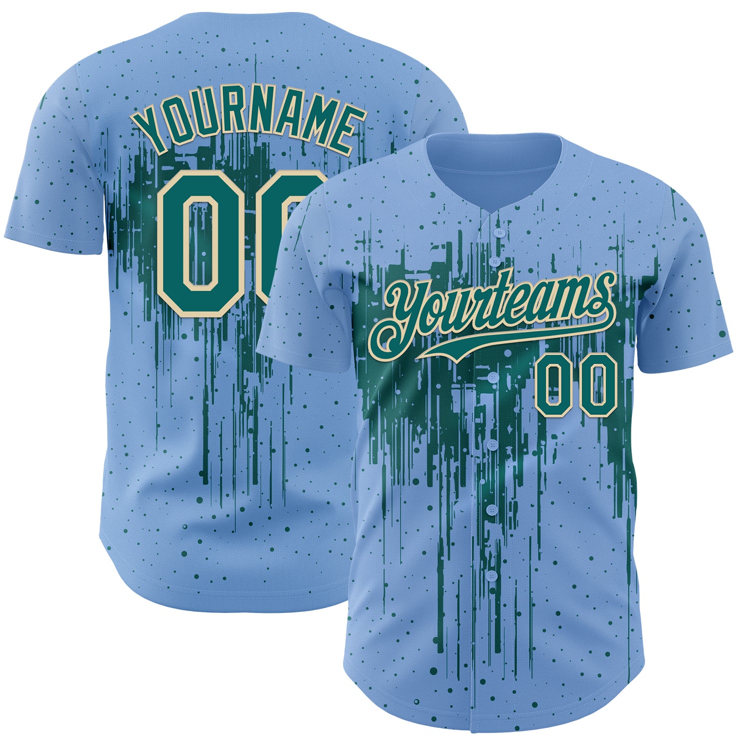 Custom Light Blue Teal-Cream 3D Pattern Design Dripping Splatter Paint Authentic Baseball Jersey