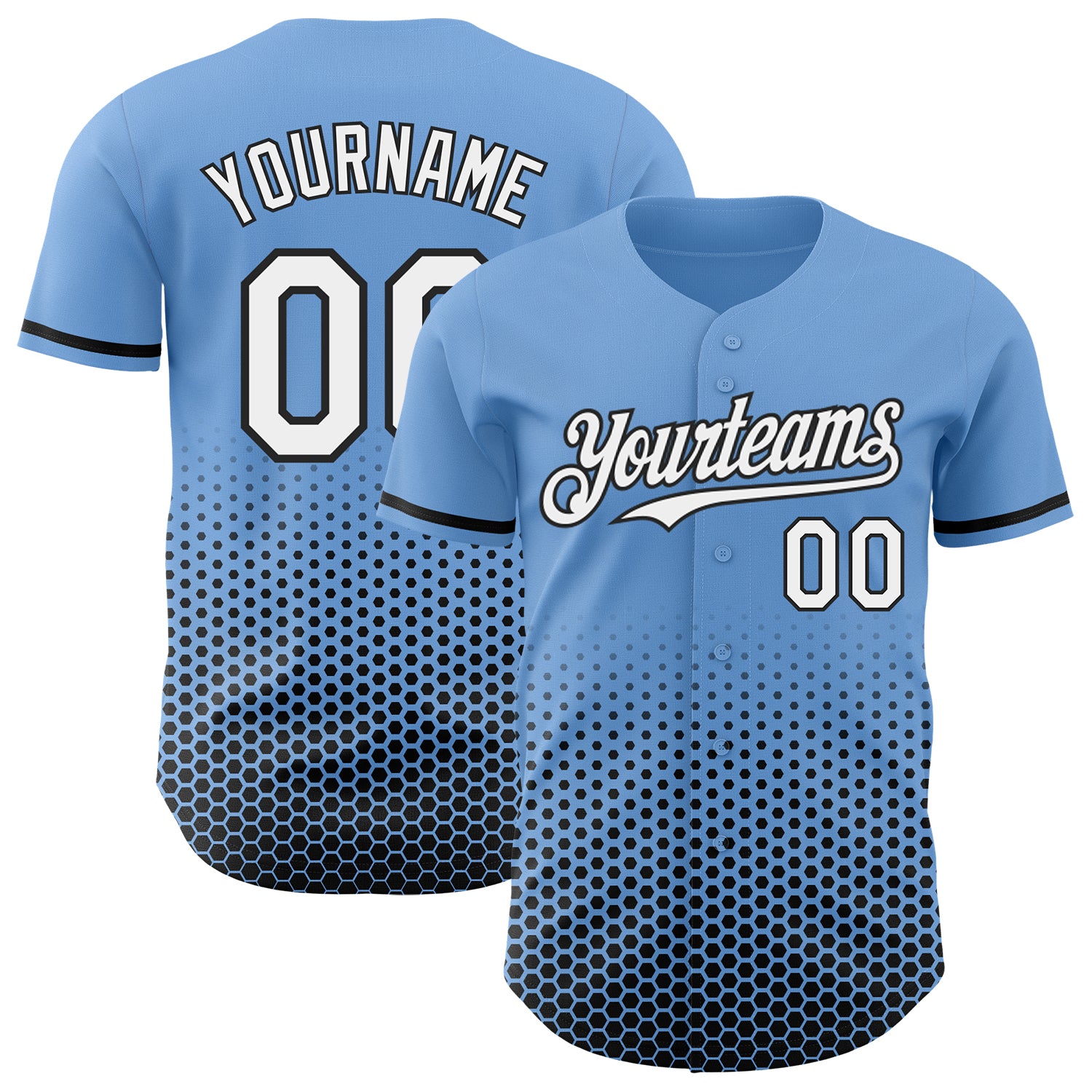 Custom Light Blue White-Black Geometric Hexagonal Dot Gradient Authentic Baseball Jersey