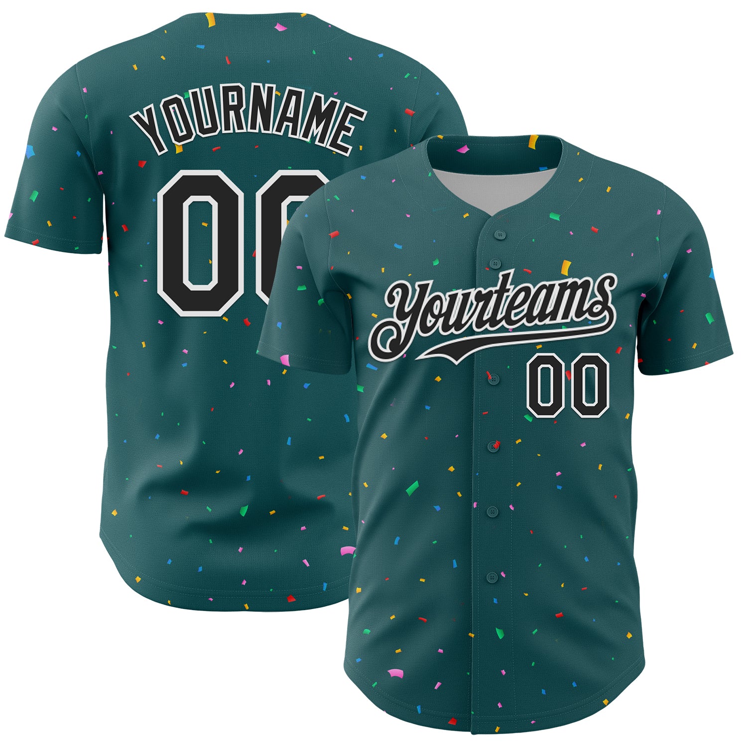 Custom Midnight Green Black-White 3D Pattern Design Confetti Colorful Speckle Authentic Baseball Jersey