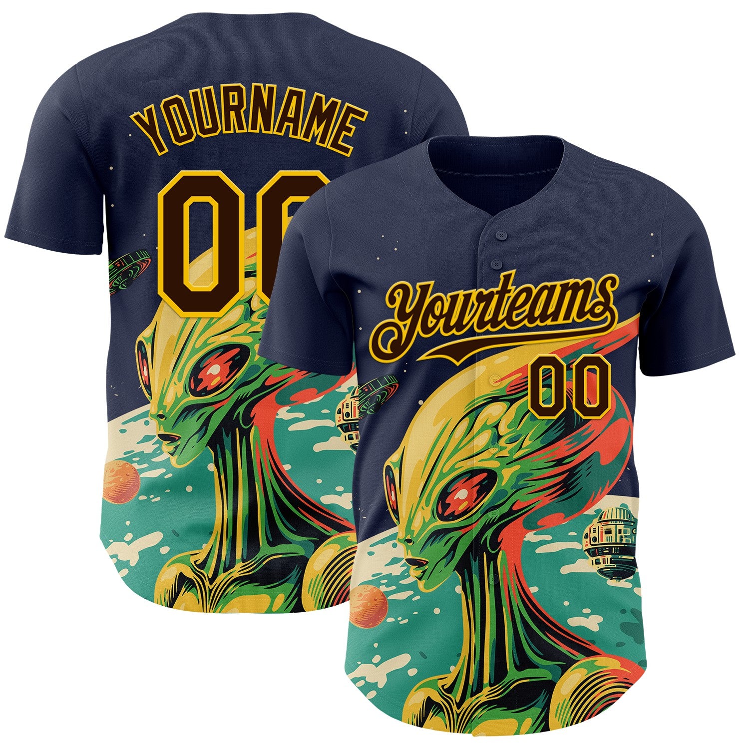 Custom Navy Brown-Gold 3D Pattern Design Alien UFO Psychedelic Galaxy Authentic Baseball Jersey