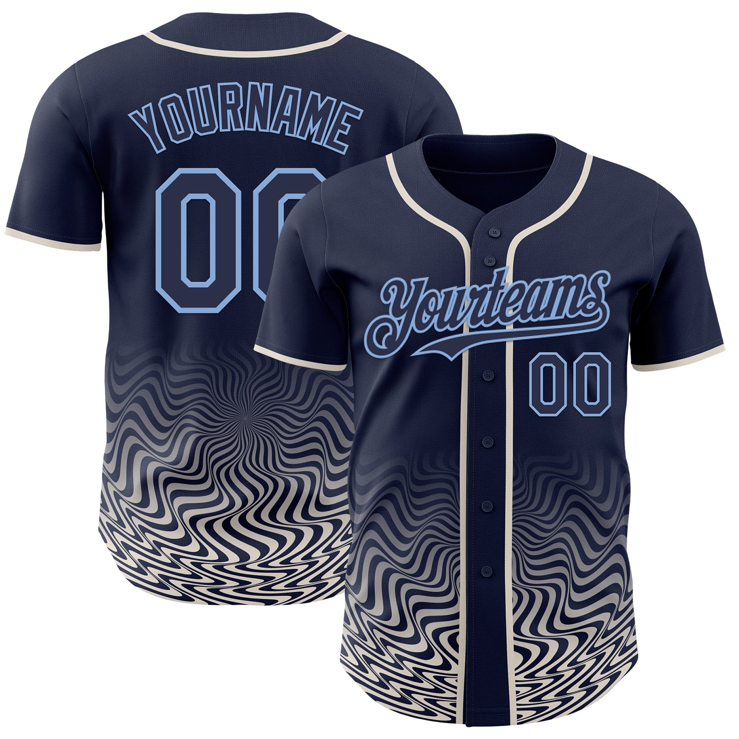 Custom Navy Cream-Light Blue Fluid Wave Psychedelic Swirl Authentic Baseball Jersey