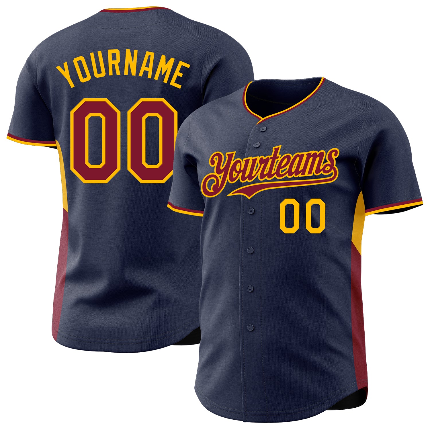 Custom Navy Crimson-Gold Classic Color Block Side Panel Stripe Authentic Baseball Jersey