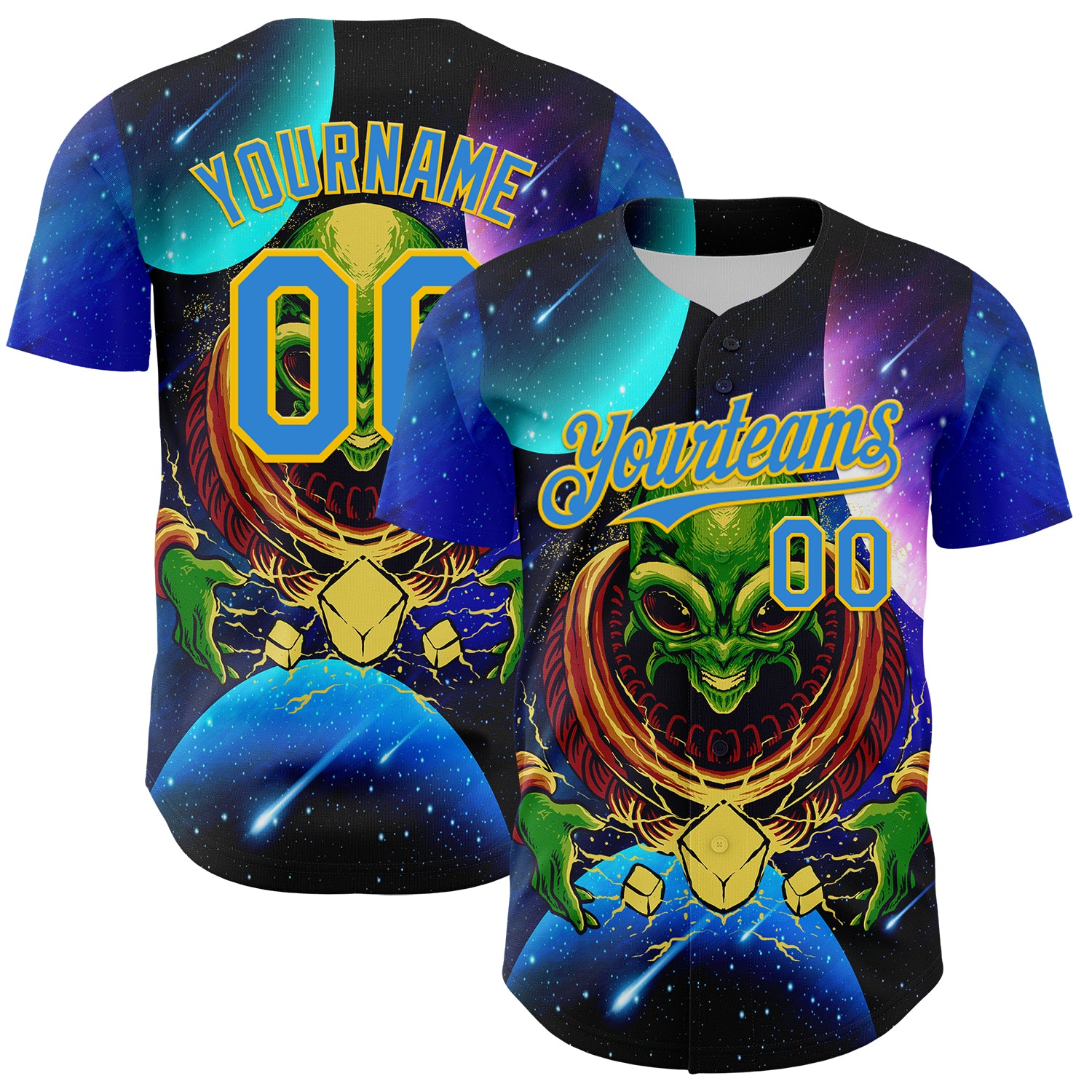 Custom Navy Electric Blue-Yellow 3D Pattern Design Alien UFO Space Galaxy Authentic Baseball Jersey