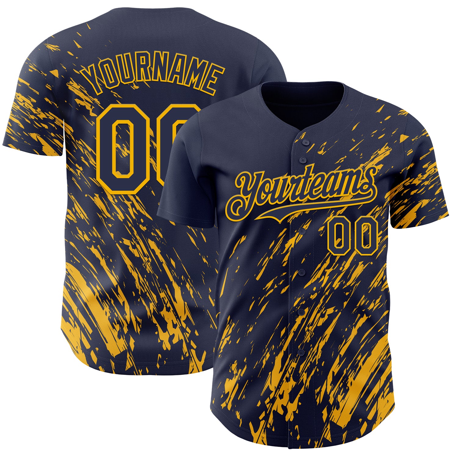 Custom Navy Gold 3D Pattern Design Paint Stroke Grunge Streak Authentic Baseball Jersey