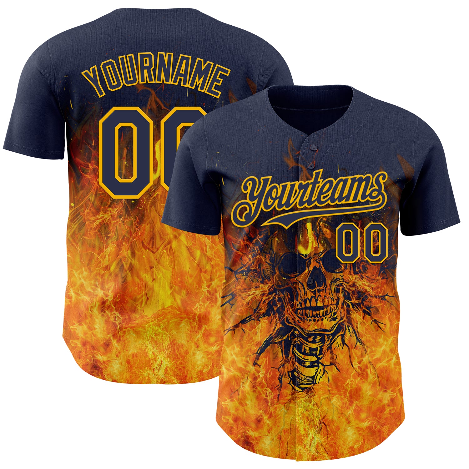 Custom Navy-Gold Flames Skull Authentic Baseball Jersey
