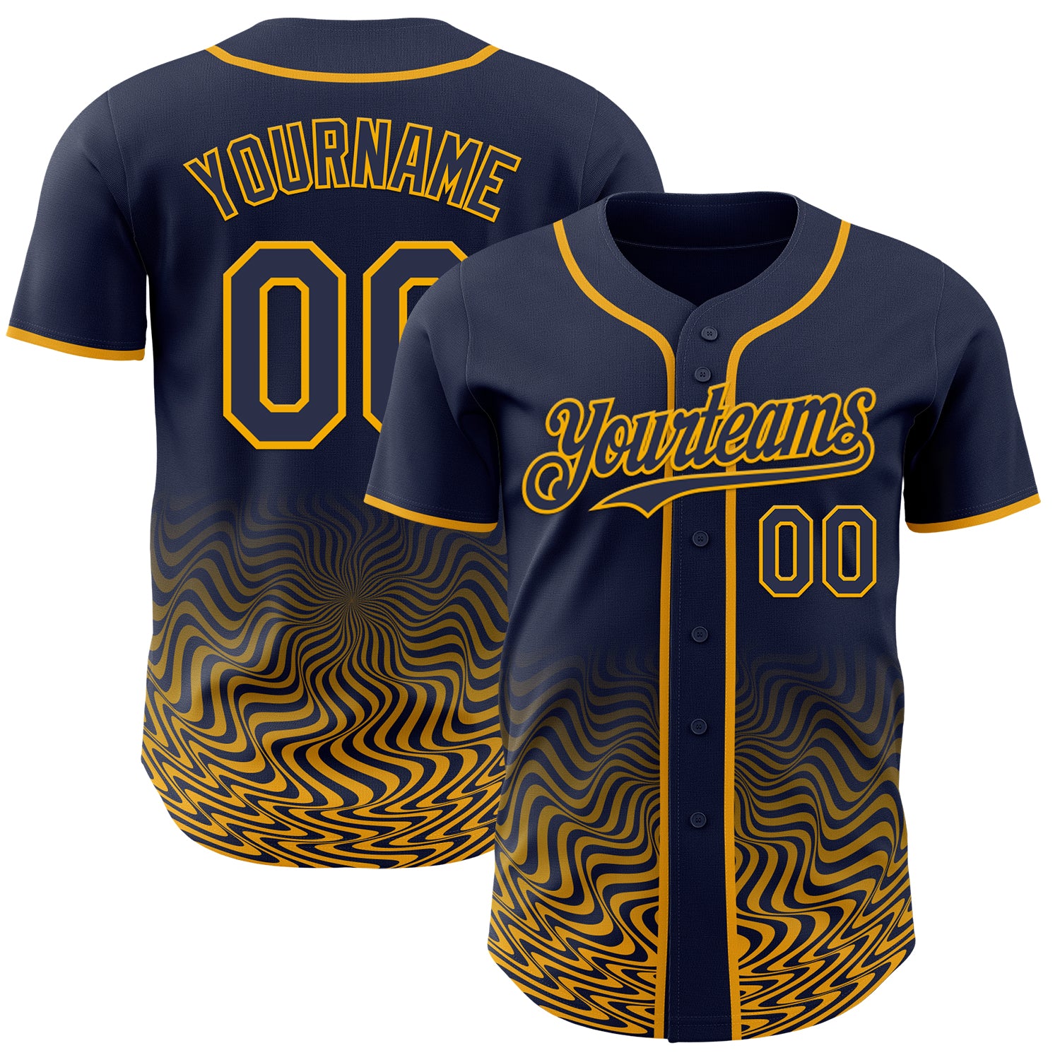 Custom Navy-Gold Fluid Wave Psychedelic Swirl Authentic Baseball Jersey
