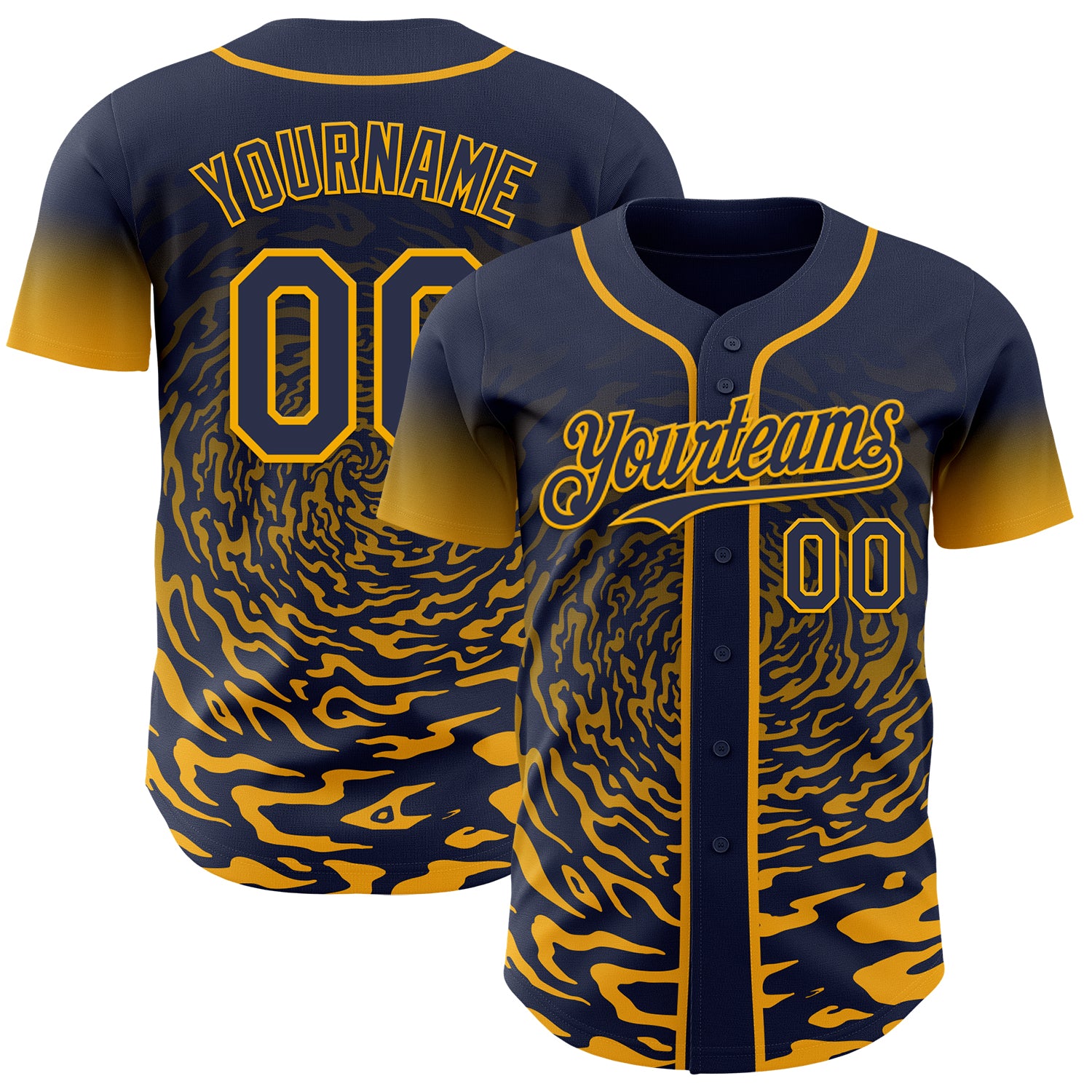 Custom Navy-Gold Fluid Wave Splatter Gradient Authentic Baseball Jersey
