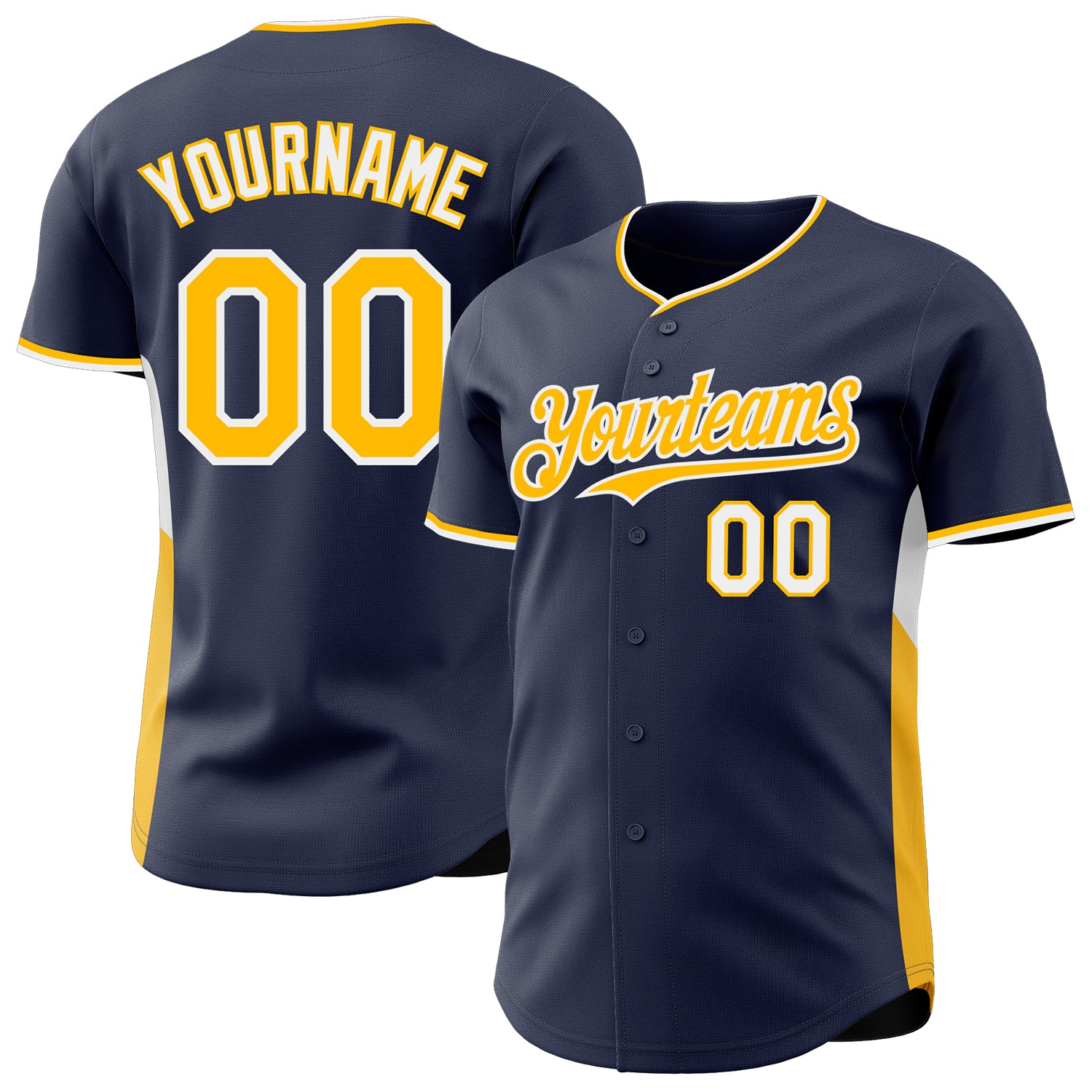 Custom Navy Gold-White Classic Color Block Side Panel Stripe Authentic Baseball Jersey