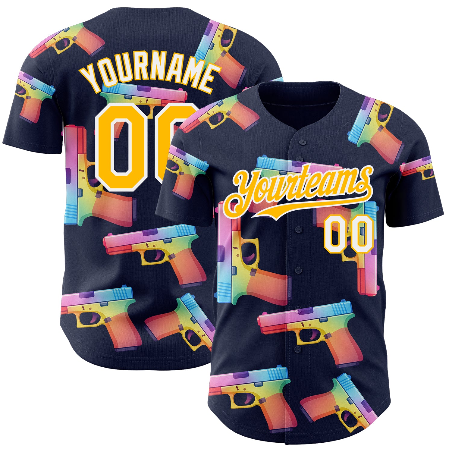 Custom Navy Gold-White Colorful Firepower 3D Pattern Design Authentic Baseball Jersey
