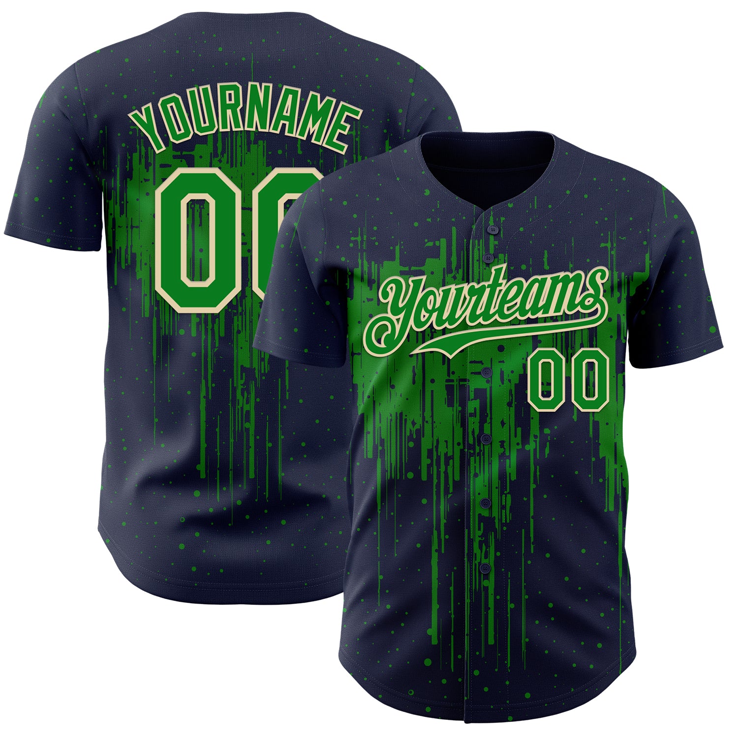 Custom Navy Grass Green-Cream 3D Pattern Design Dripping Splatter Paint Authentic Baseball Jersey