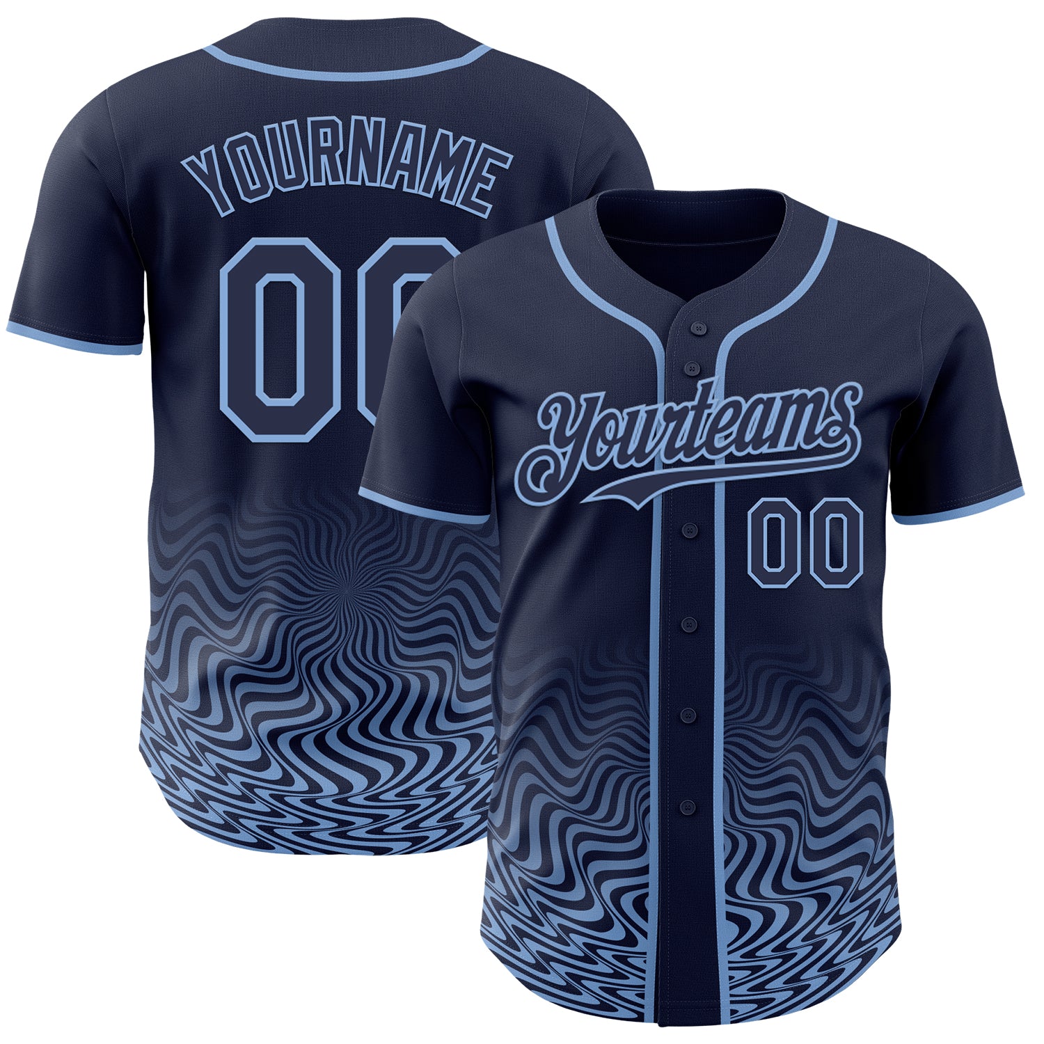 Custom Navy-Light Blue Fluid Wave Psychedelic Swirl Authentic Baseball Jersey