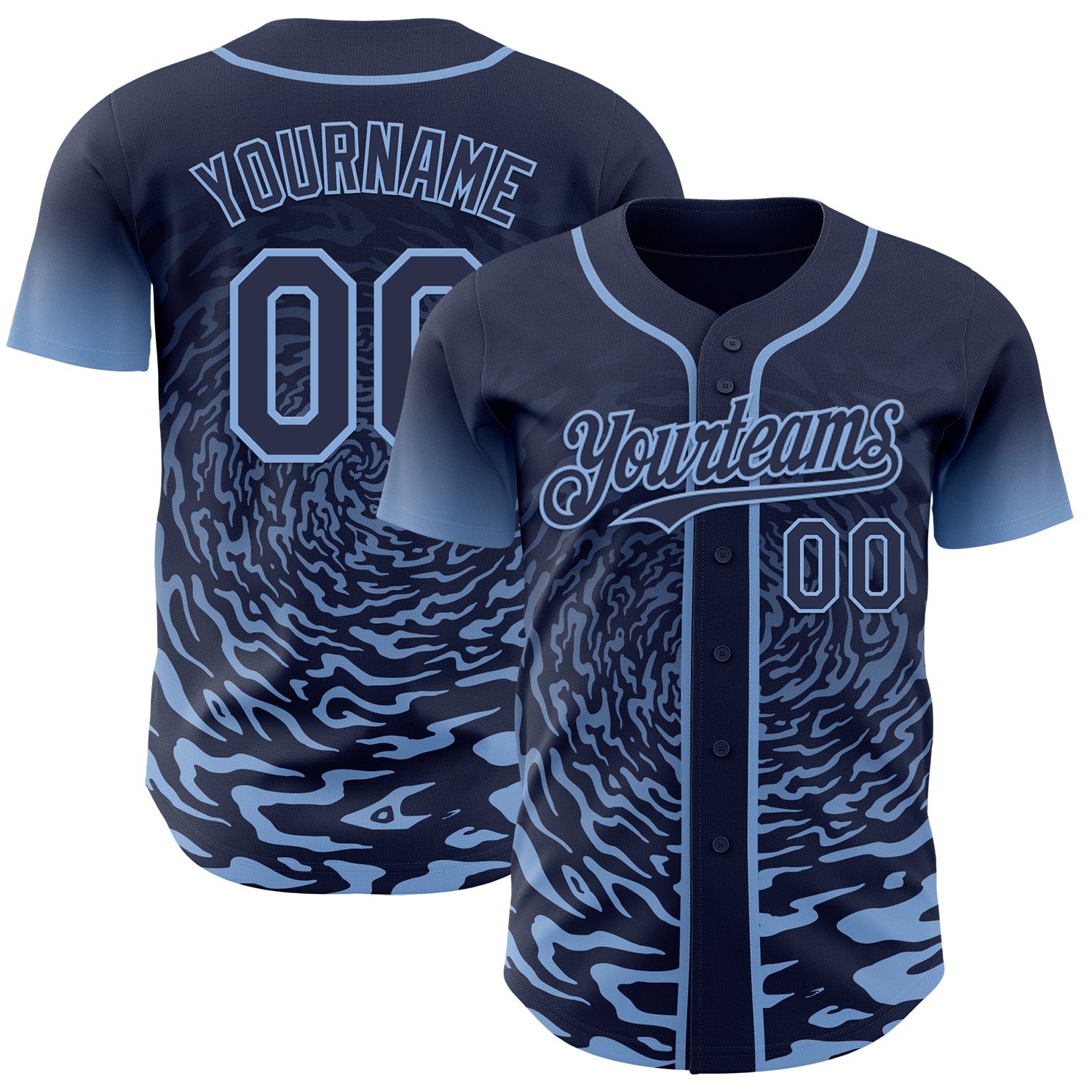 Custom Navy-Light Blue Fluid Wave Splatter Gradient Authentic Baseball Jersey