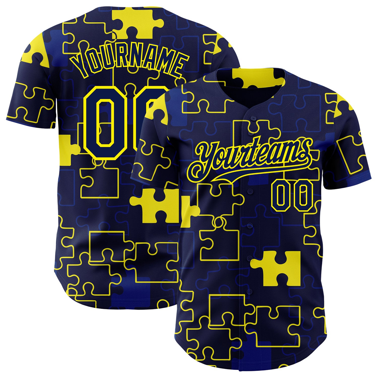 Custom Navy-Light Yellow Puzzle 3D Pattern Design Authentic Baseball Jersey