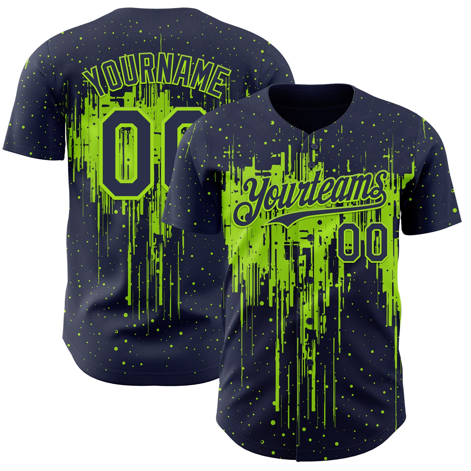 Custom Navy Neon Green 3D Pattern Design Dripping Splatter Paint Authentic Baseball Jersey