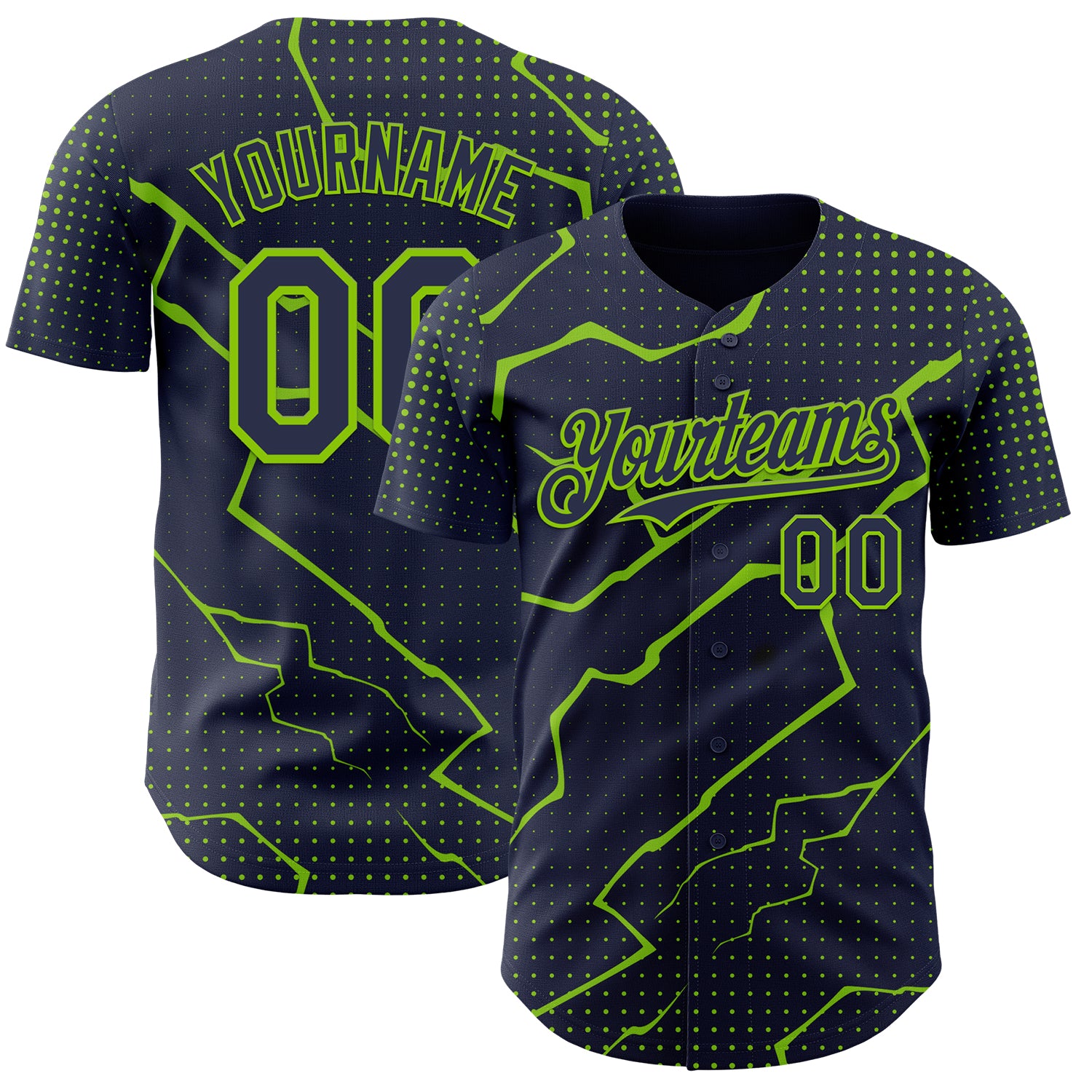 Custom Navy Neon Green 3D Pattern Design Lightning Polka Dot Authentic Baseball Jersey