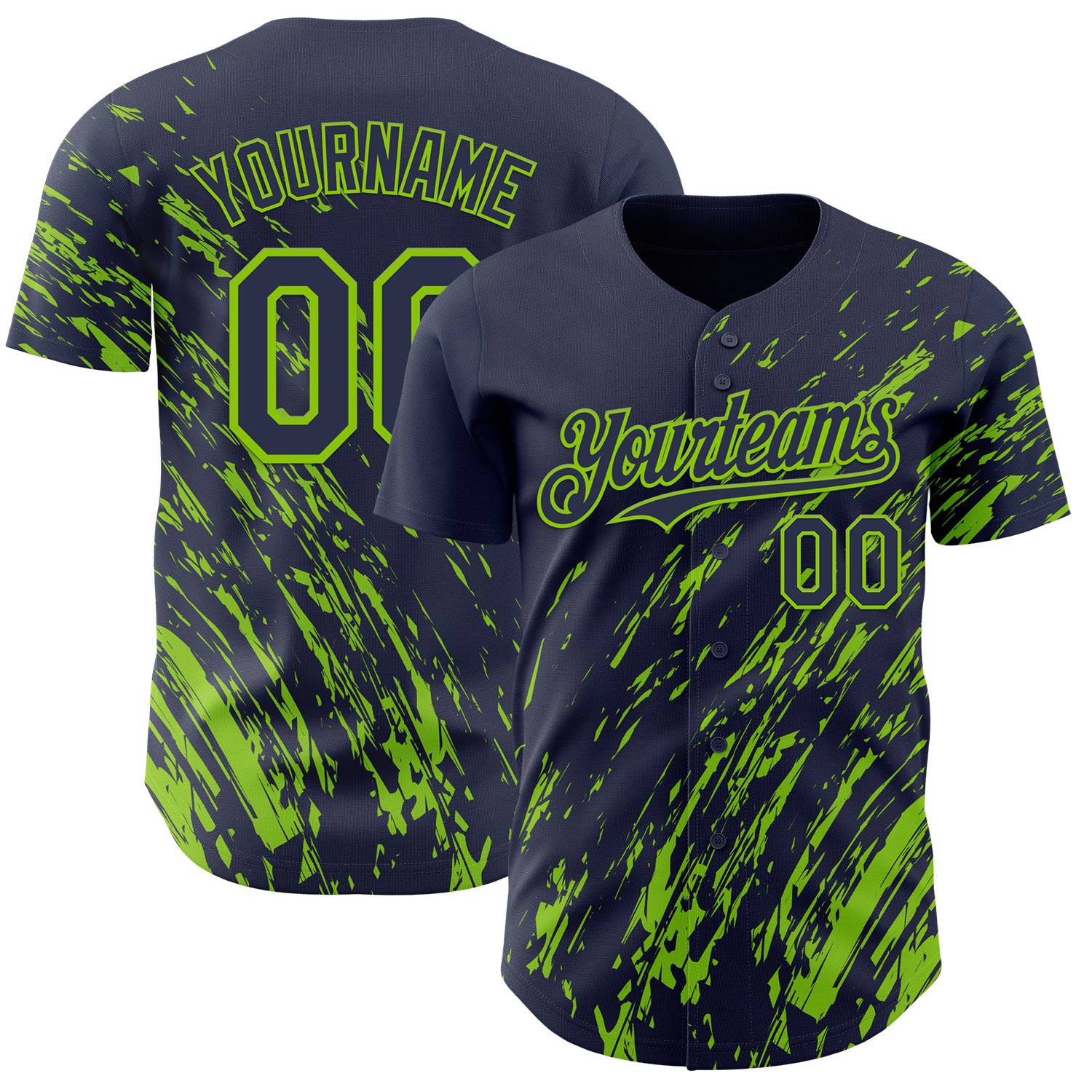 Custom Navy Neon Green 3D Pattern Design Paint Stroke Grunge Streak Authentic Baseball Jersey