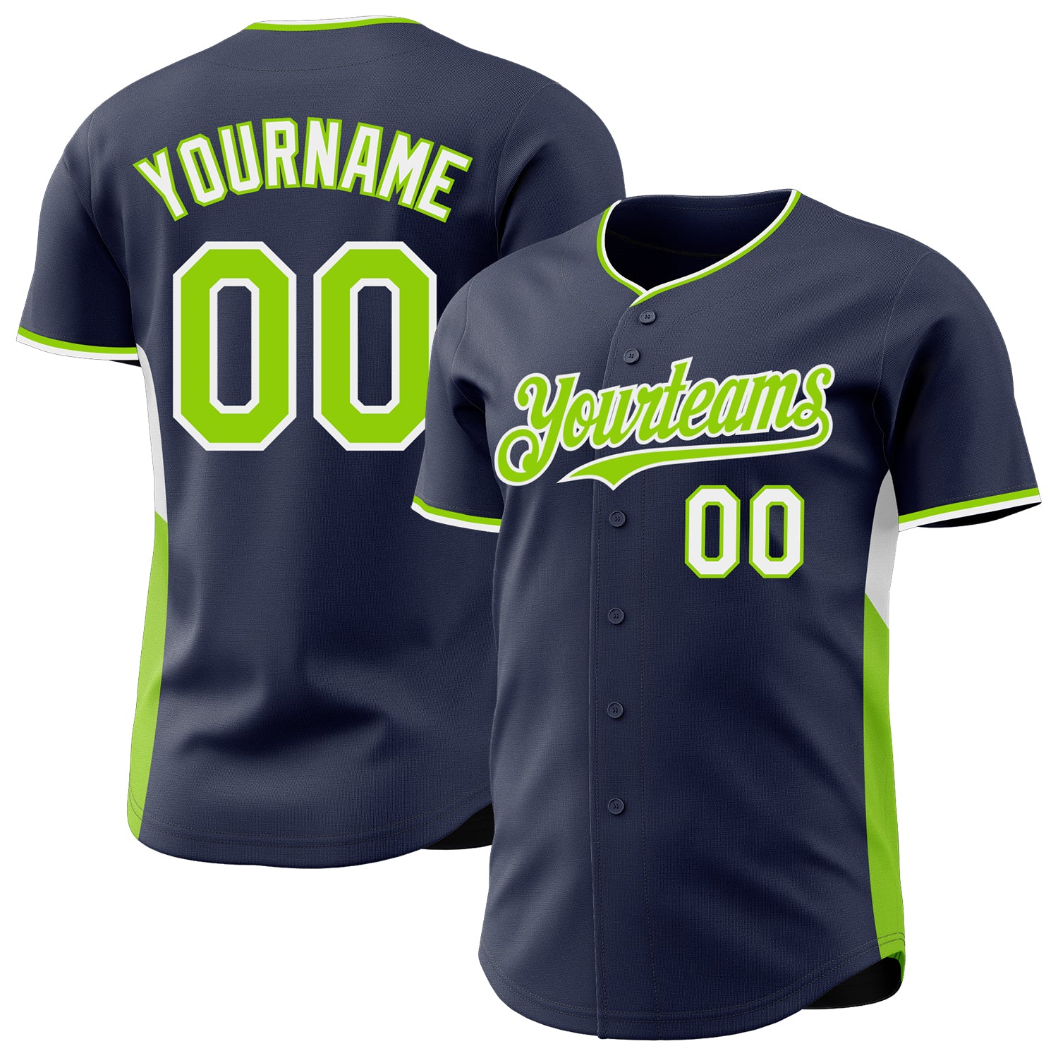 Custom Navy Neon Green-White Classic Color Block Side Panel Stripe Authentic Baseball Jersey
