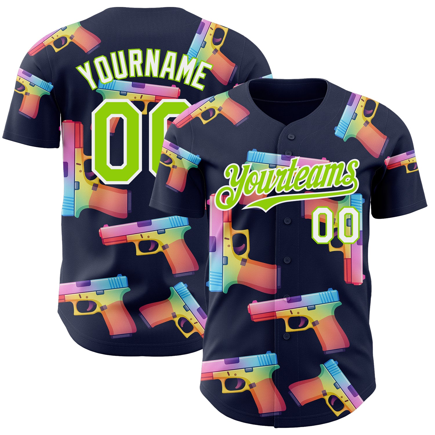 Custom Navy Neon Green-White Colorful Firepower 3D Pattern Design Authentic Baseball Jersey