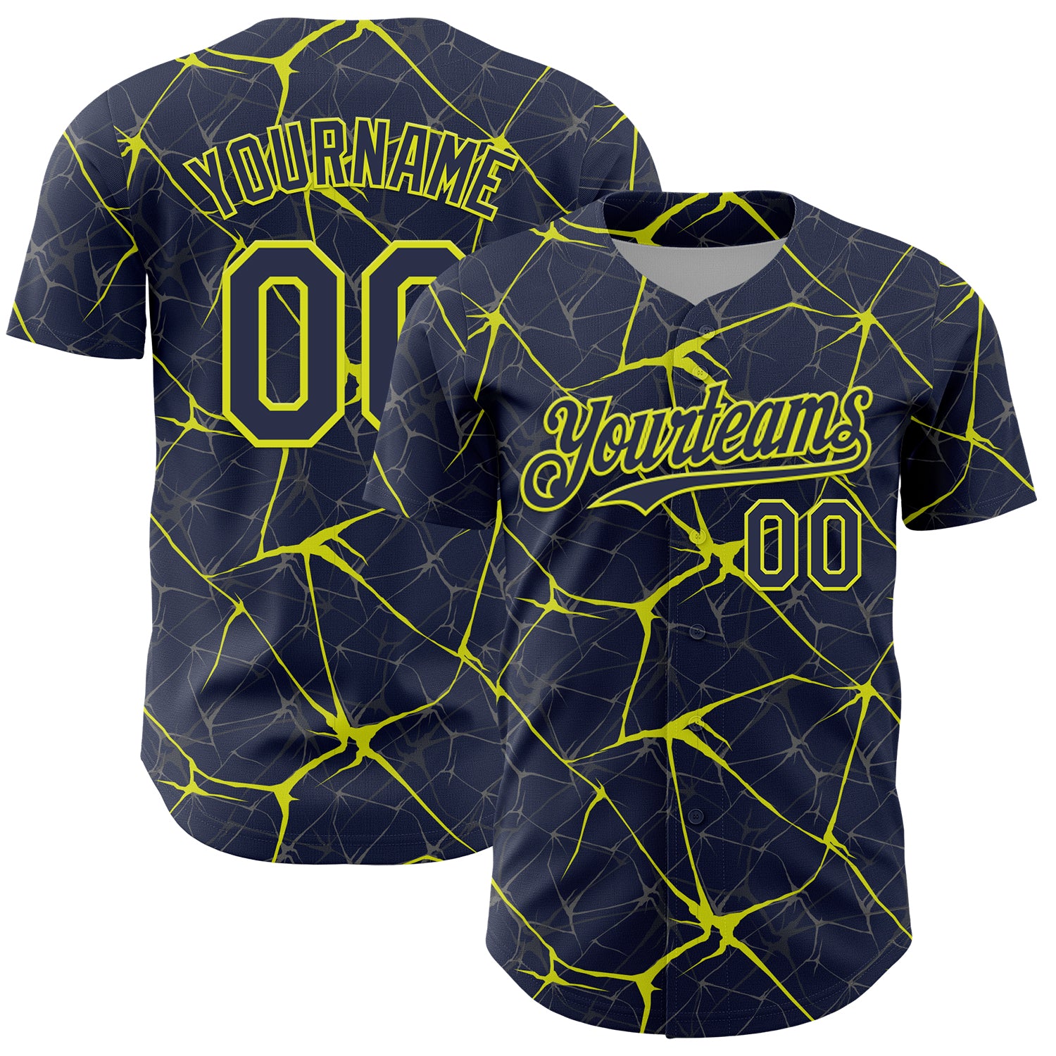 Custom Navy Neon Yellow 3D Pattern Design Abstract Network Authentic Baseball Jersey