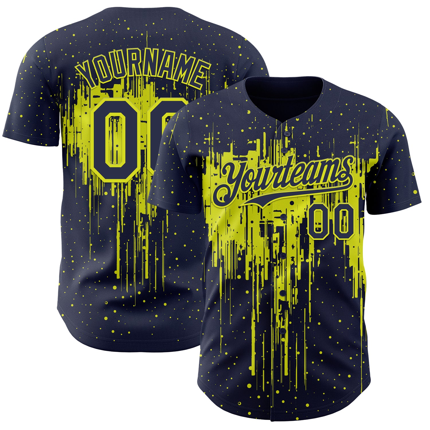 Custom Navy Neon Yellow 3D Pattern Design Dripping Splatter Paint Authentic Baseball Jersey