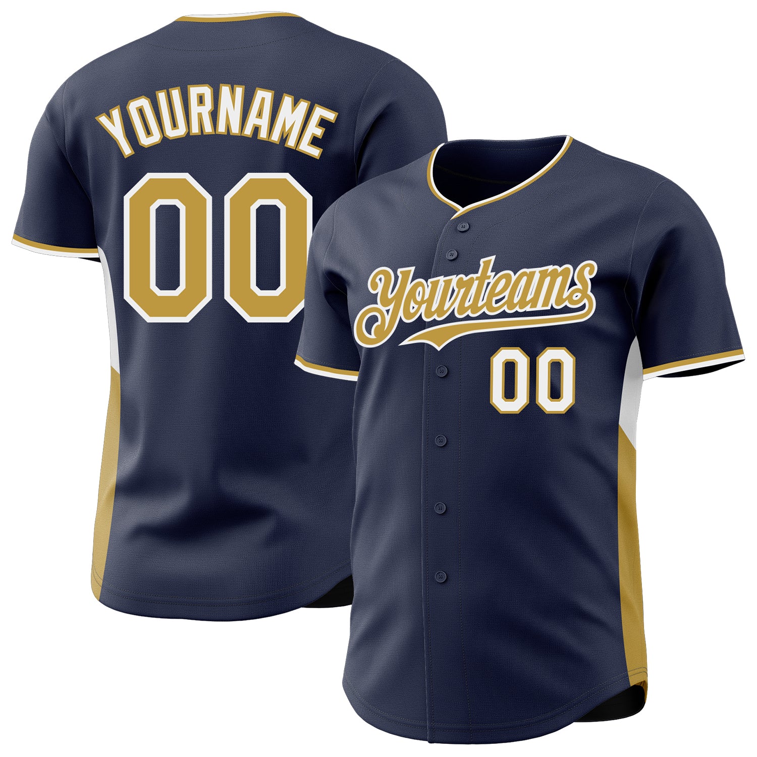 Custom Navy Old Gold-White Classic Color Block Side Panel Stripe Authentic Baseball Jersey